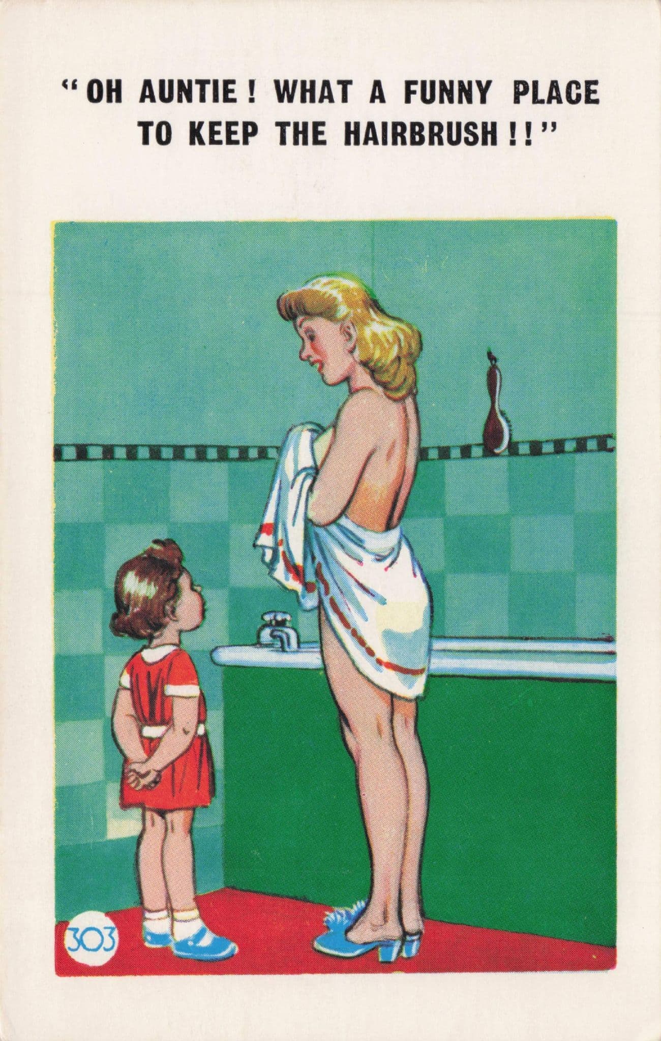 Auntie Leaves Hairbrush In Bath Tub Old Vintage Comic Postcard