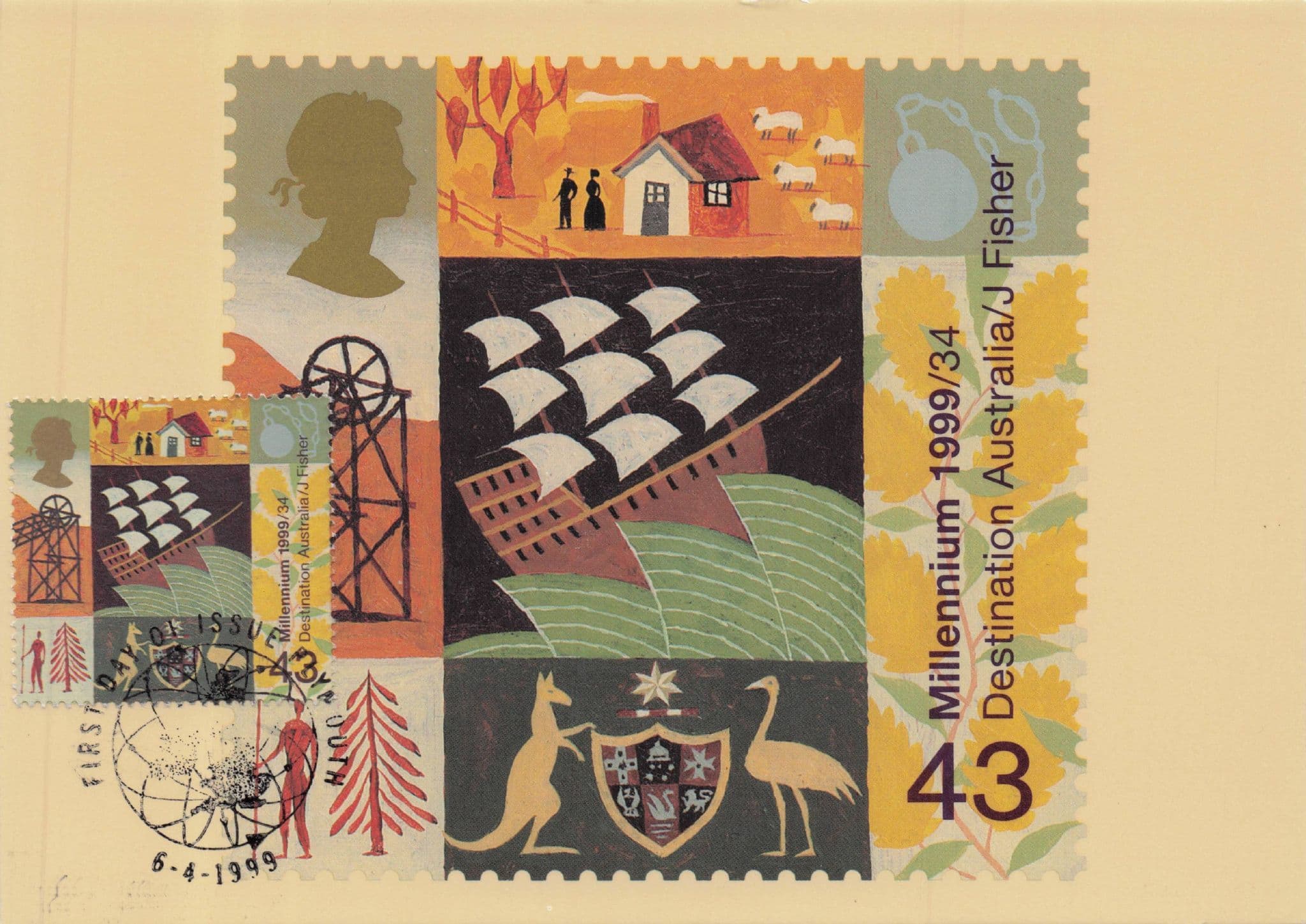 Australia Tall Ship Shield Fisher Painting Millennium FDC Postcard