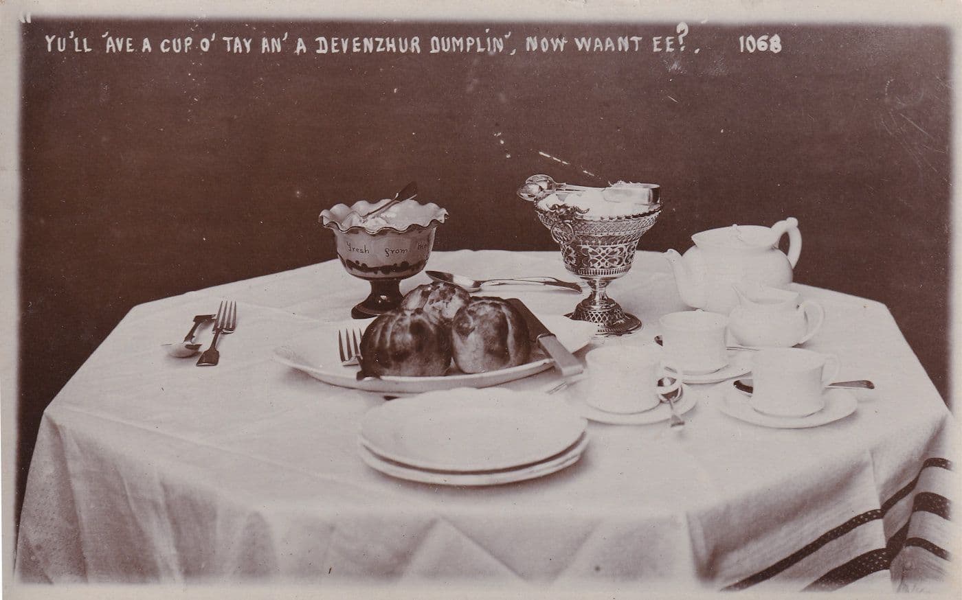 Ave A Cup Of Tea & A Devonshire Dumpling Devon Cakes RPC Old Postcard