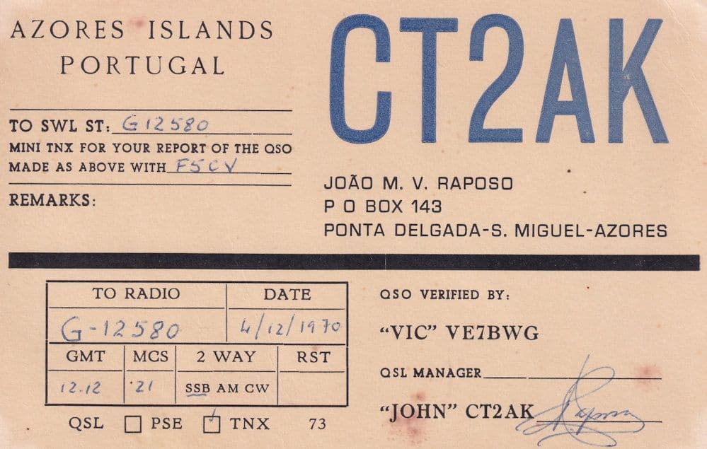 Azores Islands Portugal 1970s QSL Amateur Radio Card