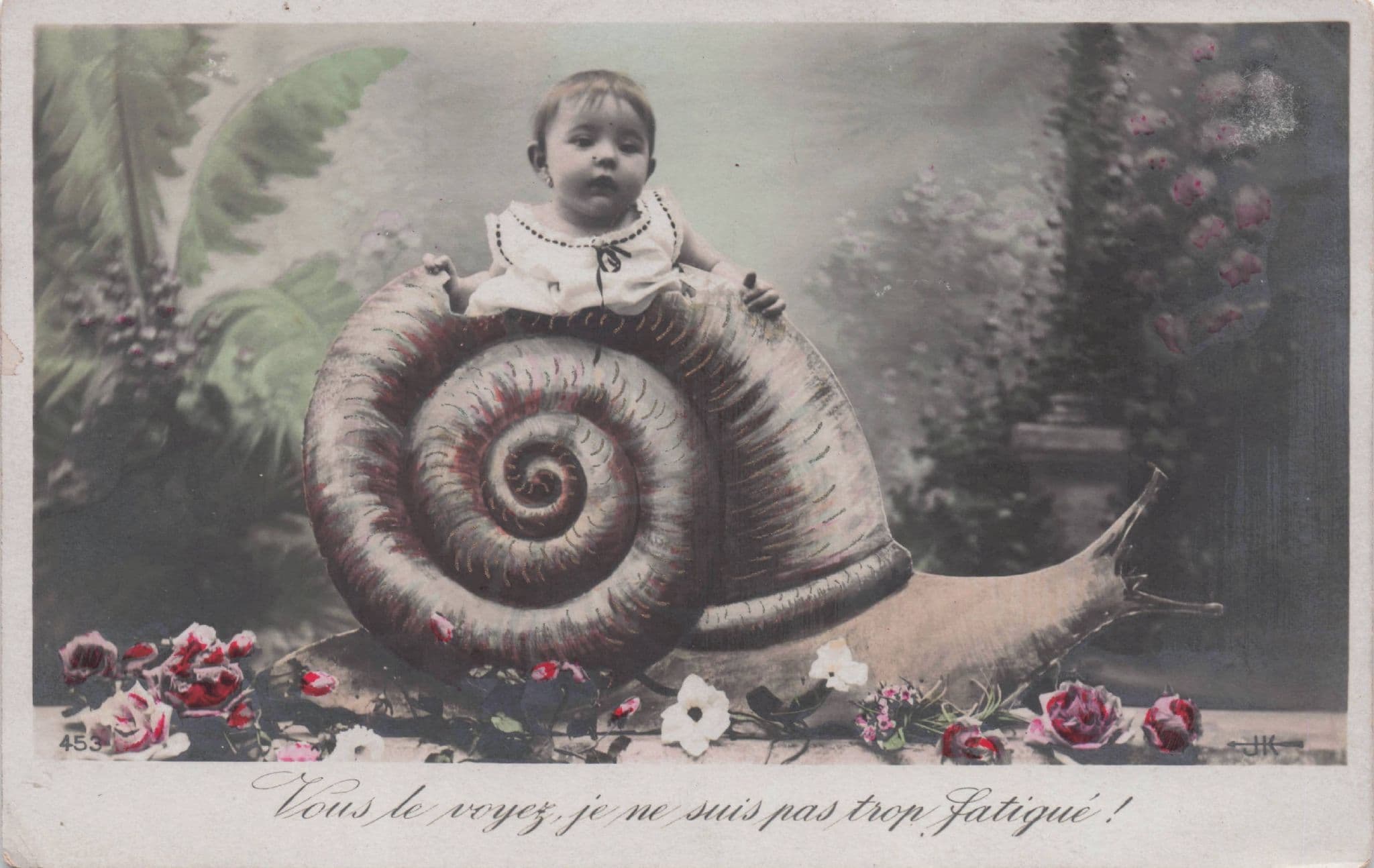 Baby Child In Snail Transport Old French Comic Antique Postcard