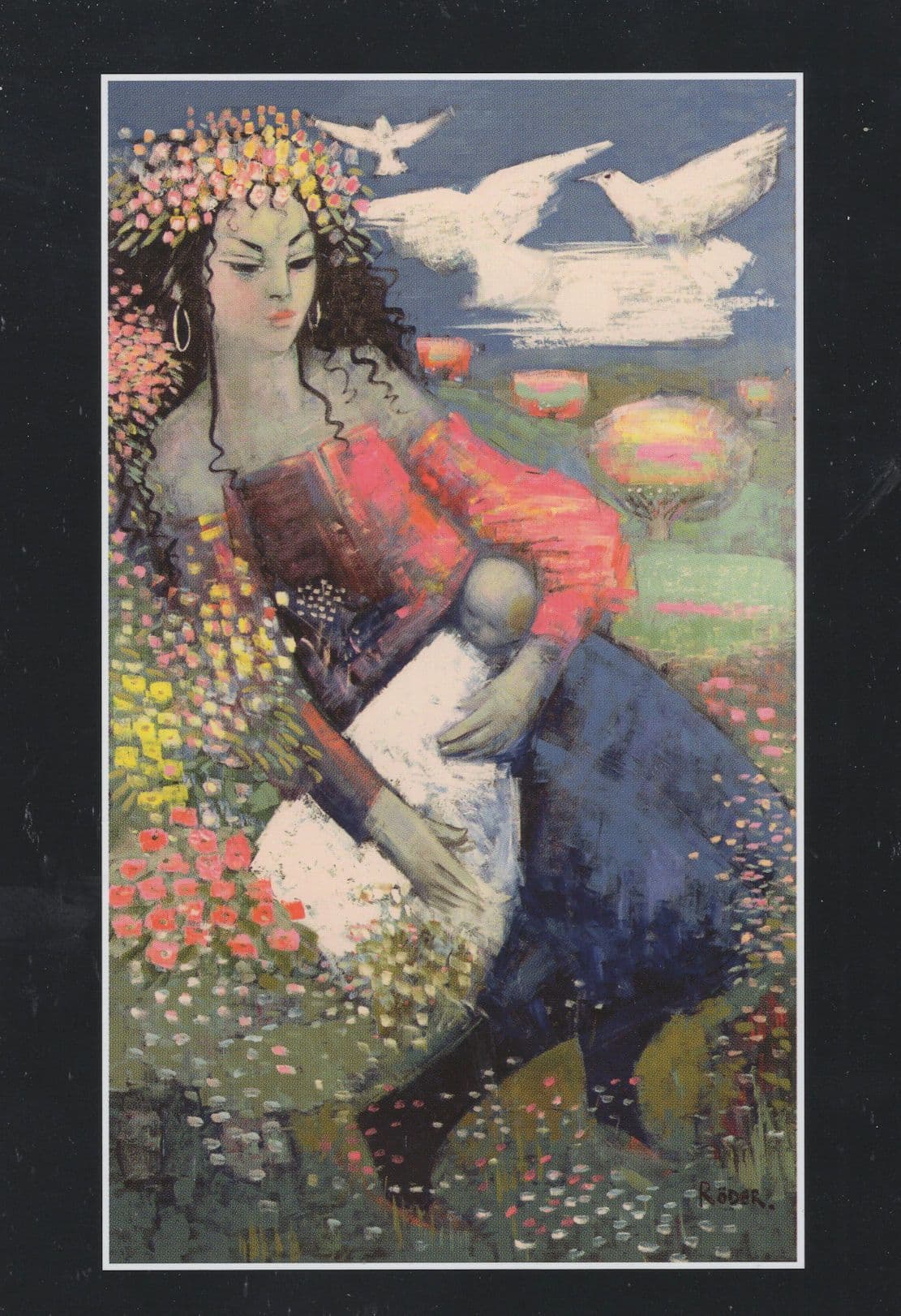 Baby Just New Born In Flowers Endre Roder German Art Deco Painting Postcard