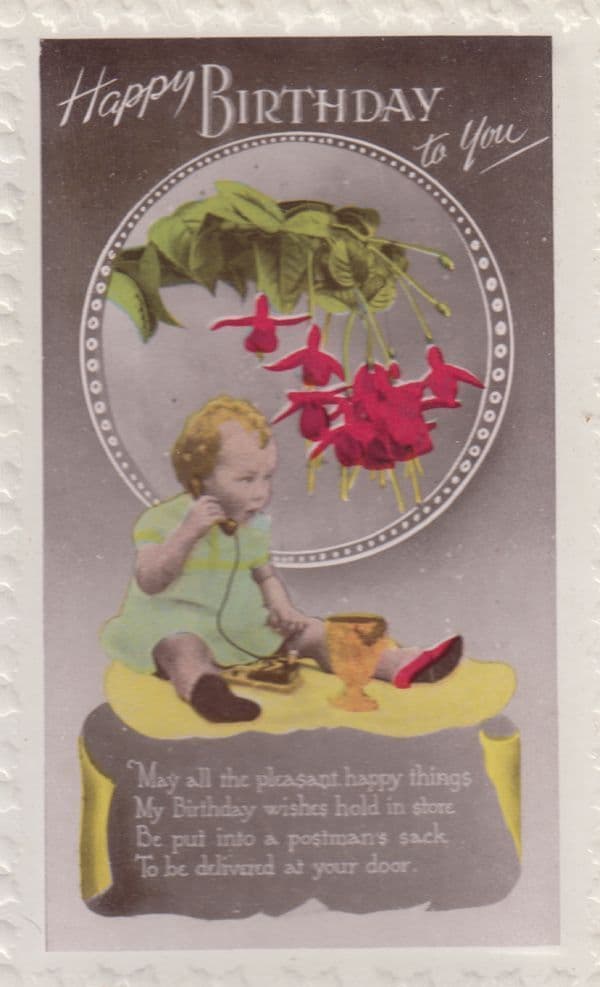 Baby Postmans Sack Birthday Present On Antique Toy Telephone Greetings Postcard