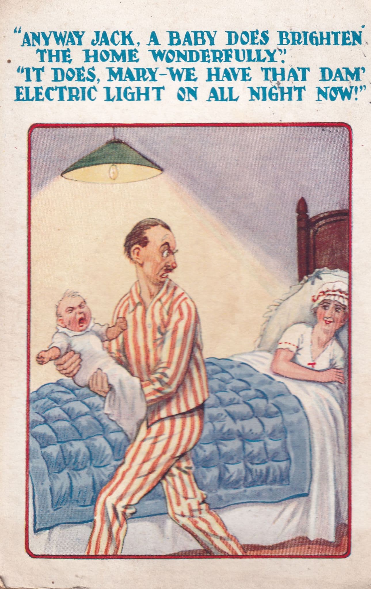 Baby Waking Up Family In Night Light Switches Comic Old Postcard