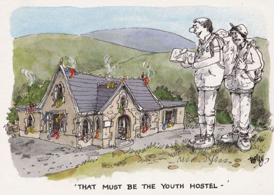 Backpacking Campers Find A Youth Hostel Comic Humour Postcard