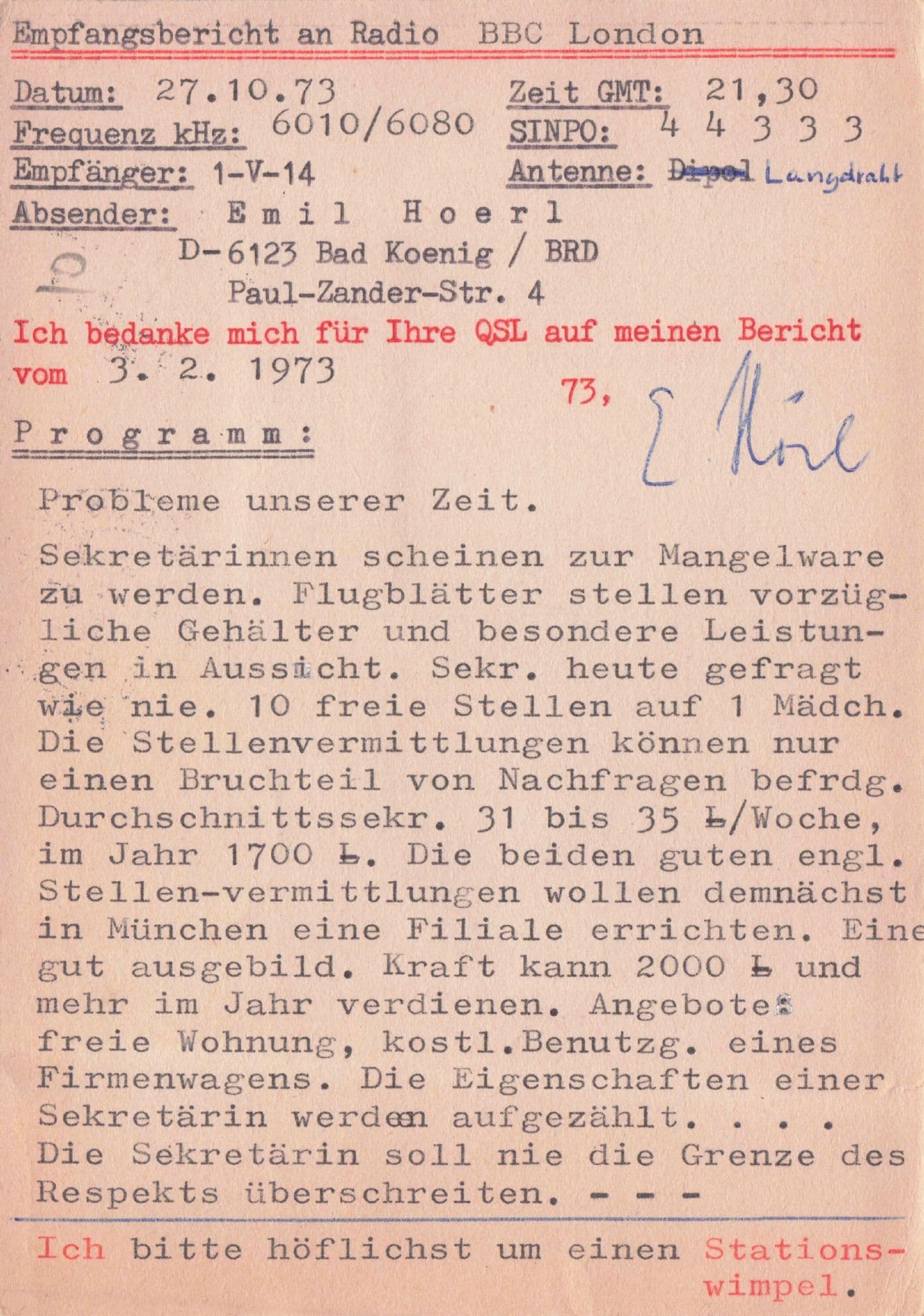 Bad Koenig German Amateur Radio to BBC London QSL Card Postcard