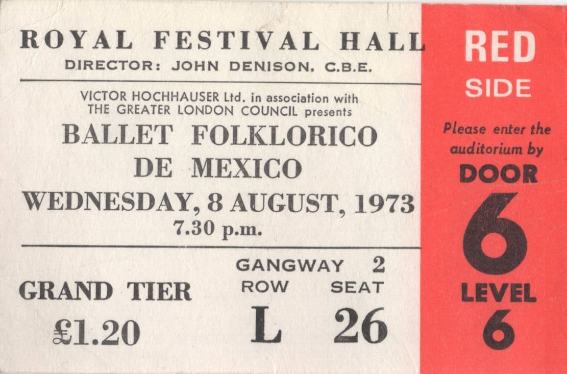 Ballet Folklorico De Mexico Royal Festival Hall 1975 Ticket