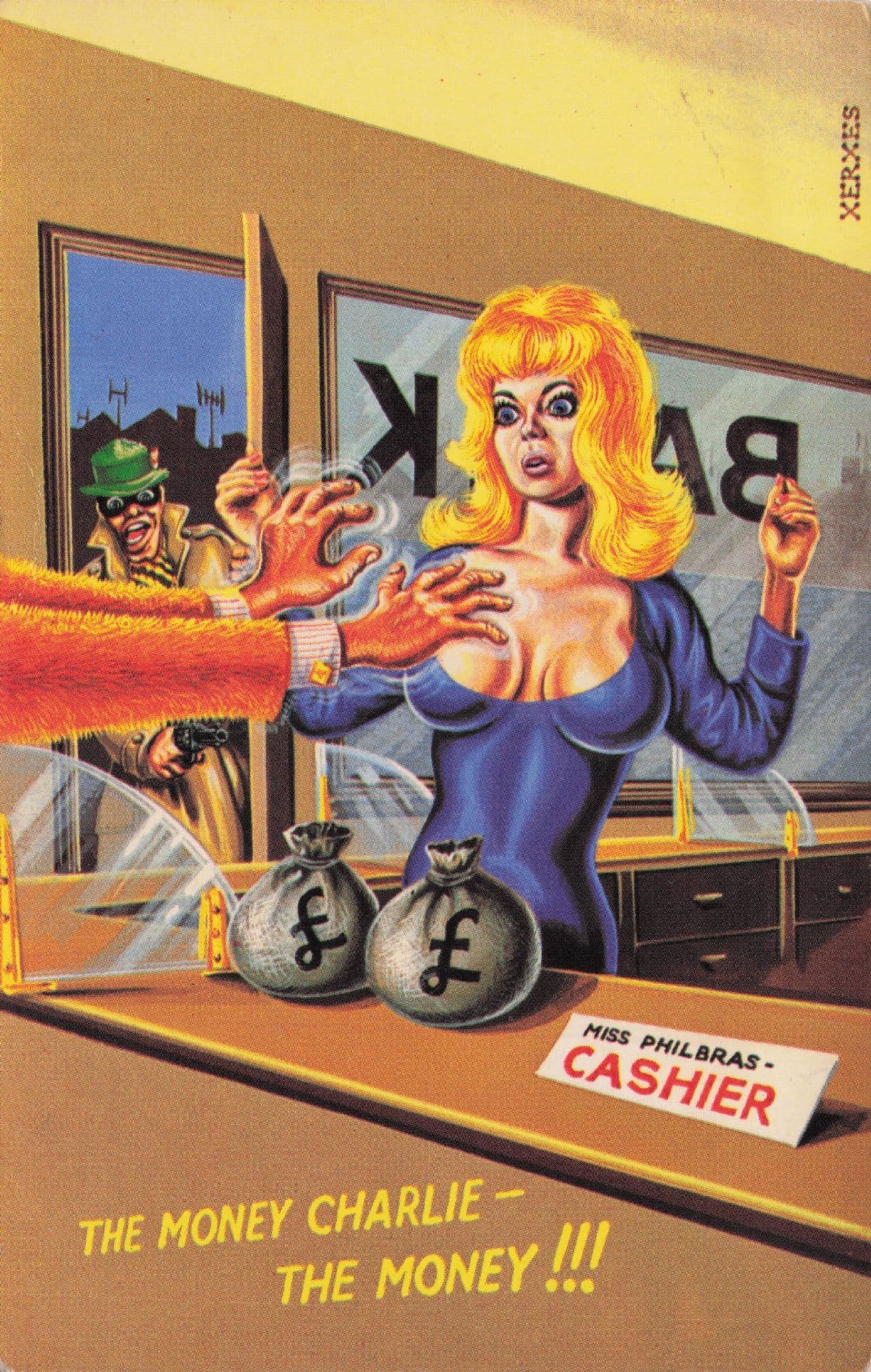 Bank Robbery Hands On Sexy Lady Breast Old Comic Postcard