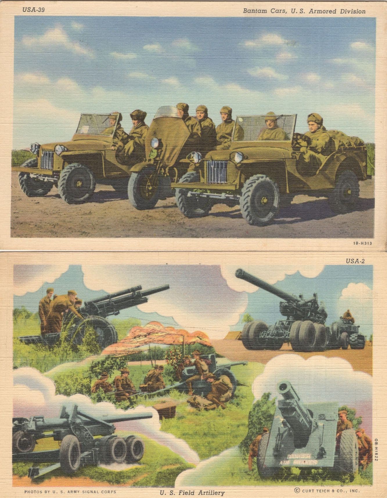 Bantam Cars Indiantown Gap USA Field Artillery Fort Knox 2x Linen WW2 Postcard s