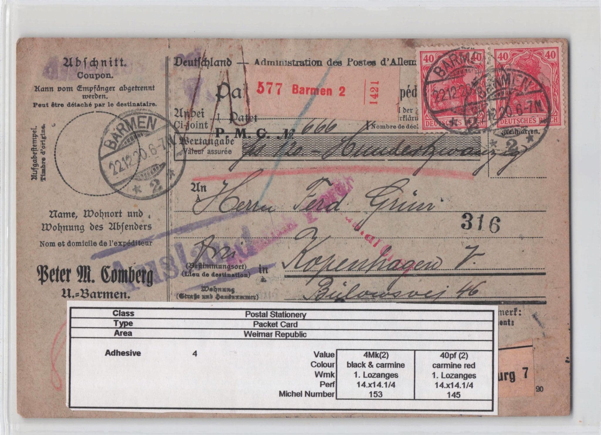Barmen Bergisches Land Germany 1920 Packet Coupon Antique Postcard