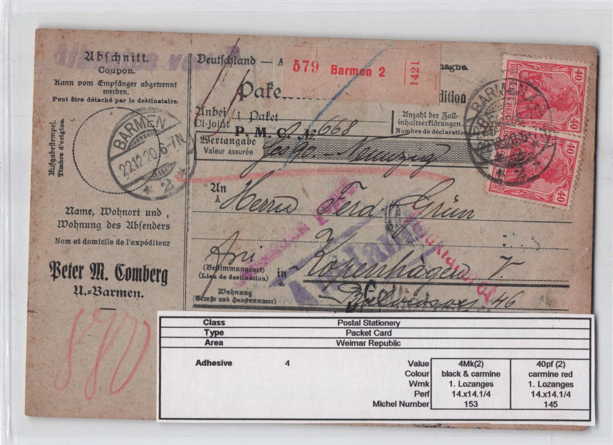 Barmen Weimer Republic Germany 1920 Packet Coupon Antique Postcard
