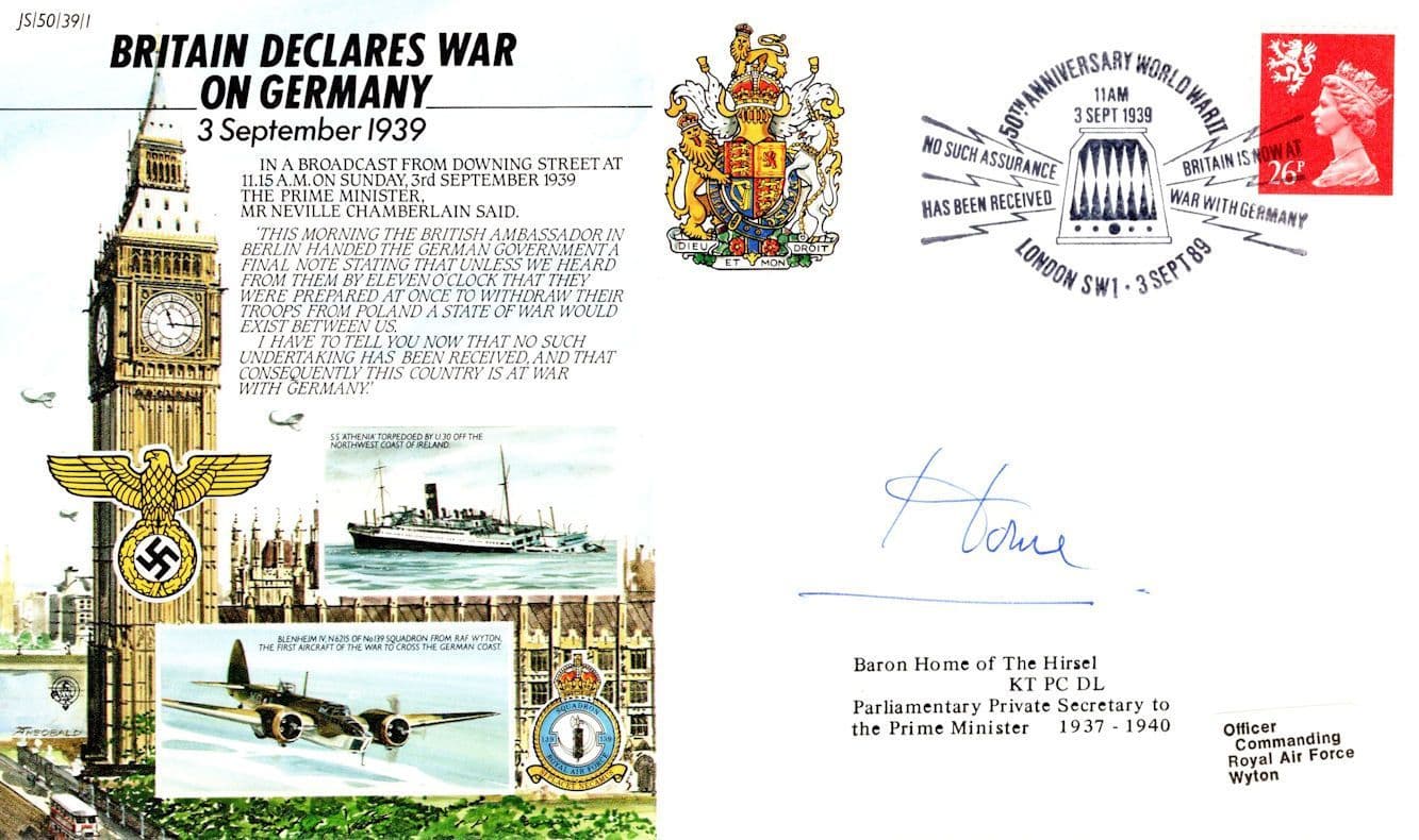 Baron Home Conservative MP Britian Declares War On Germany Hand Signed FDC