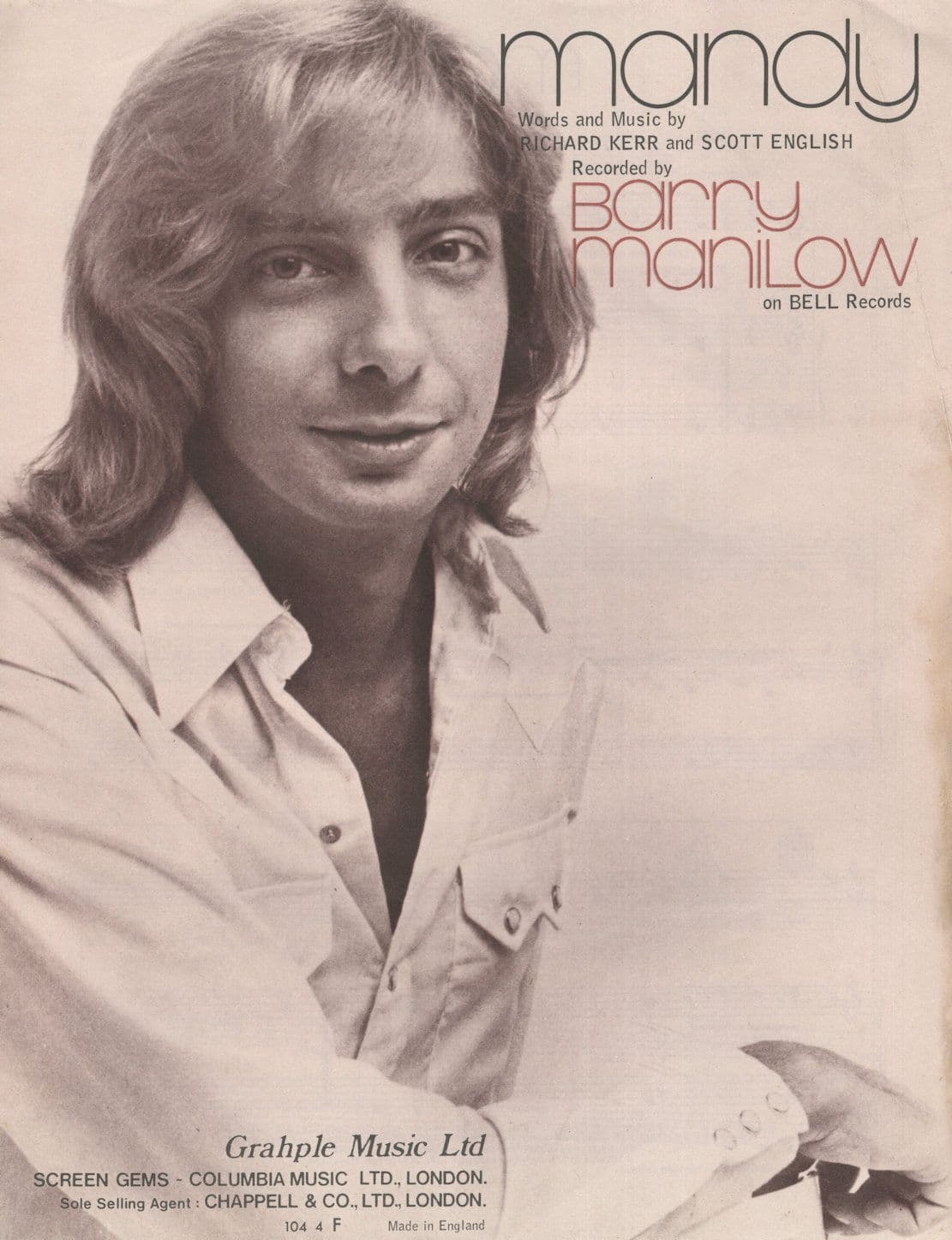 Barry Manilow Mandy 1970s UK Sheet Music