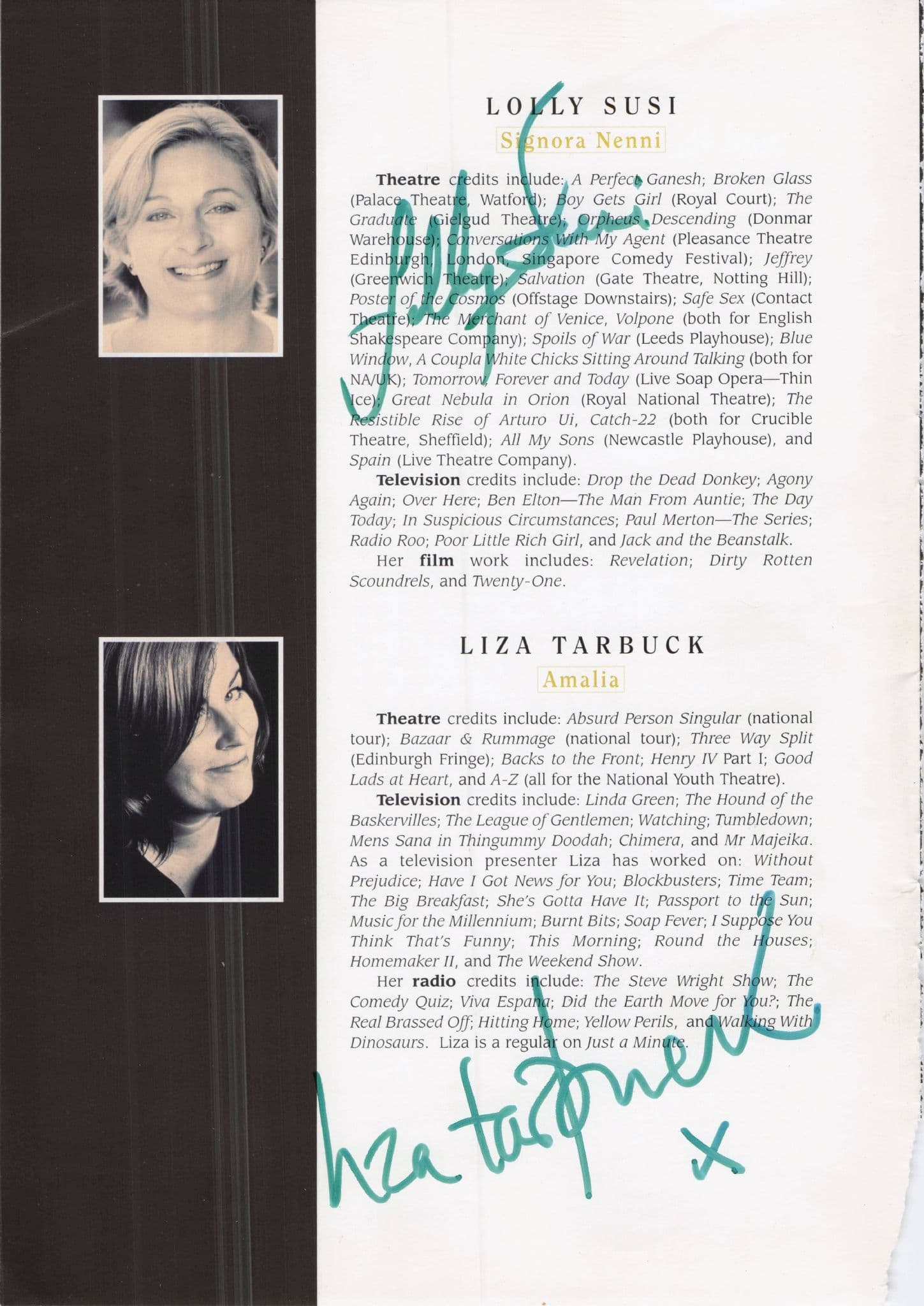 Barry Stanton Lolly Susi Liza Tarbuck Hand Signed Theatre Page