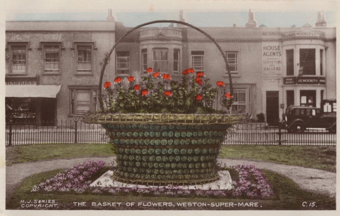 Basket Of Flowers Weston Super Mare Colour Old Postcard