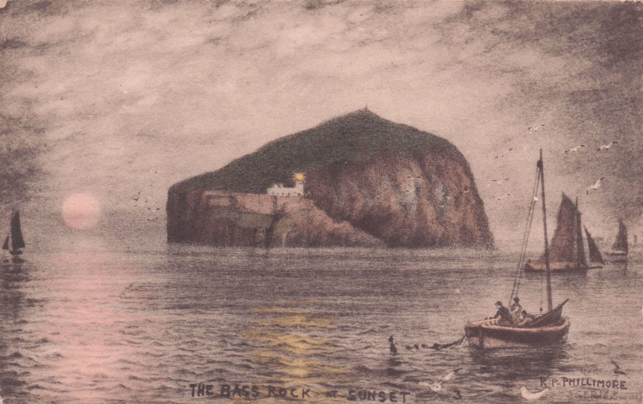 Bass Rock North Berwick Boats & Great Reverse Old R Phillimore Painting Postcard
