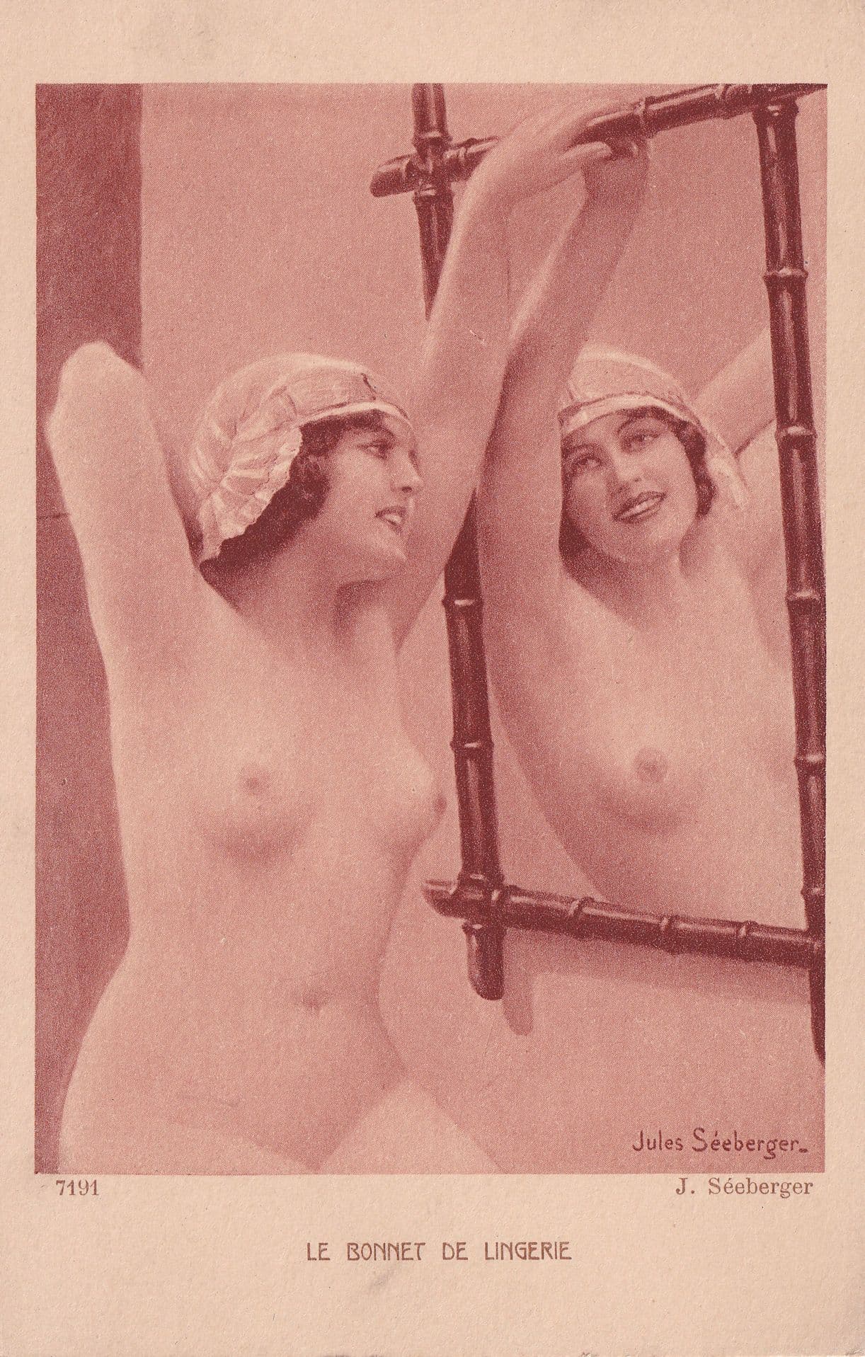 Bath Hat Risque Nude Antique French Postcard