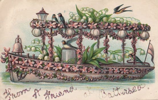 Battersea London Boat Ship From A Friend Silk Type Antique REAL GLITTER Postcard