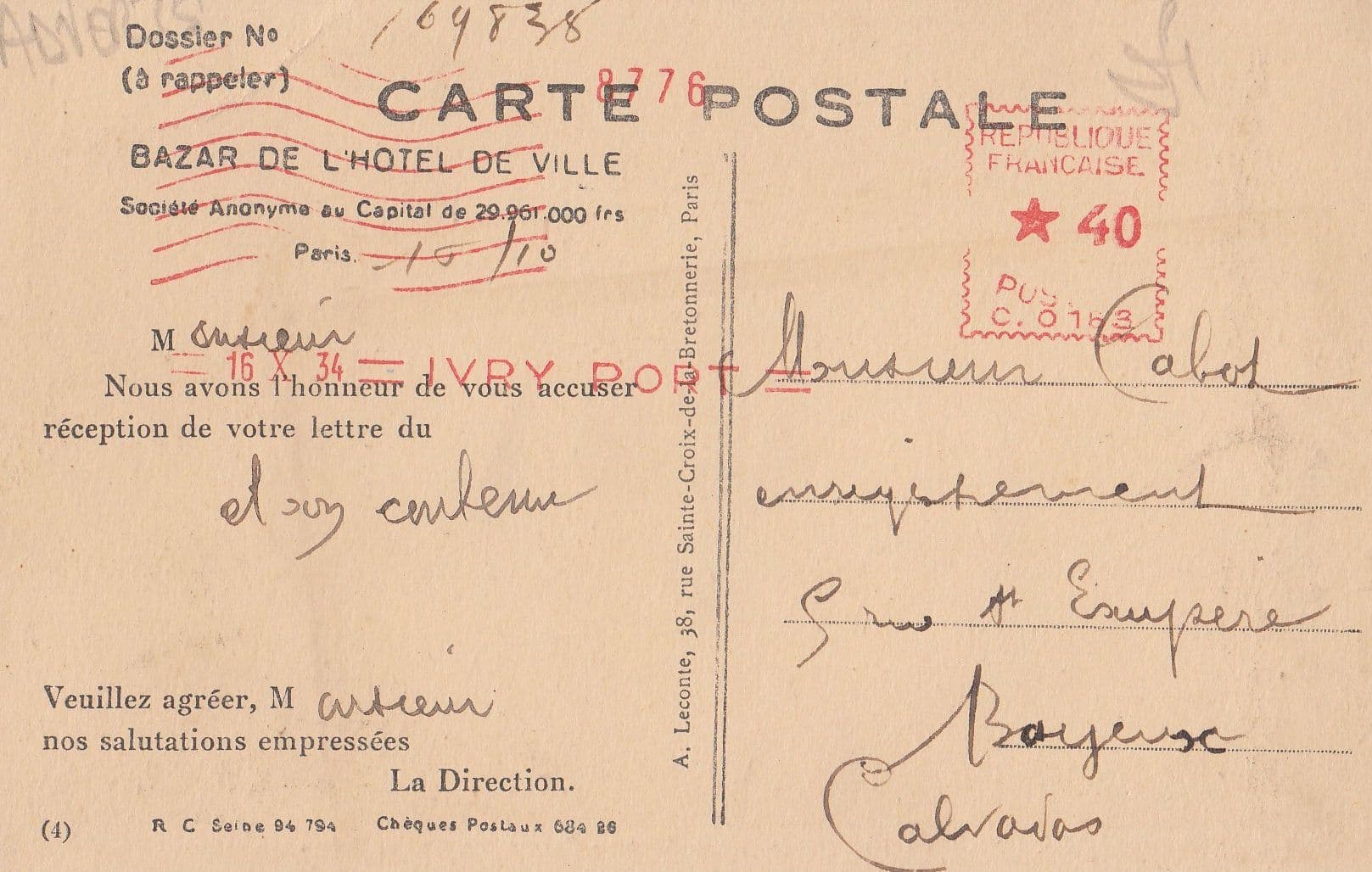 Bazar De L'Hotel De Ville Antique French Advertising Postcard