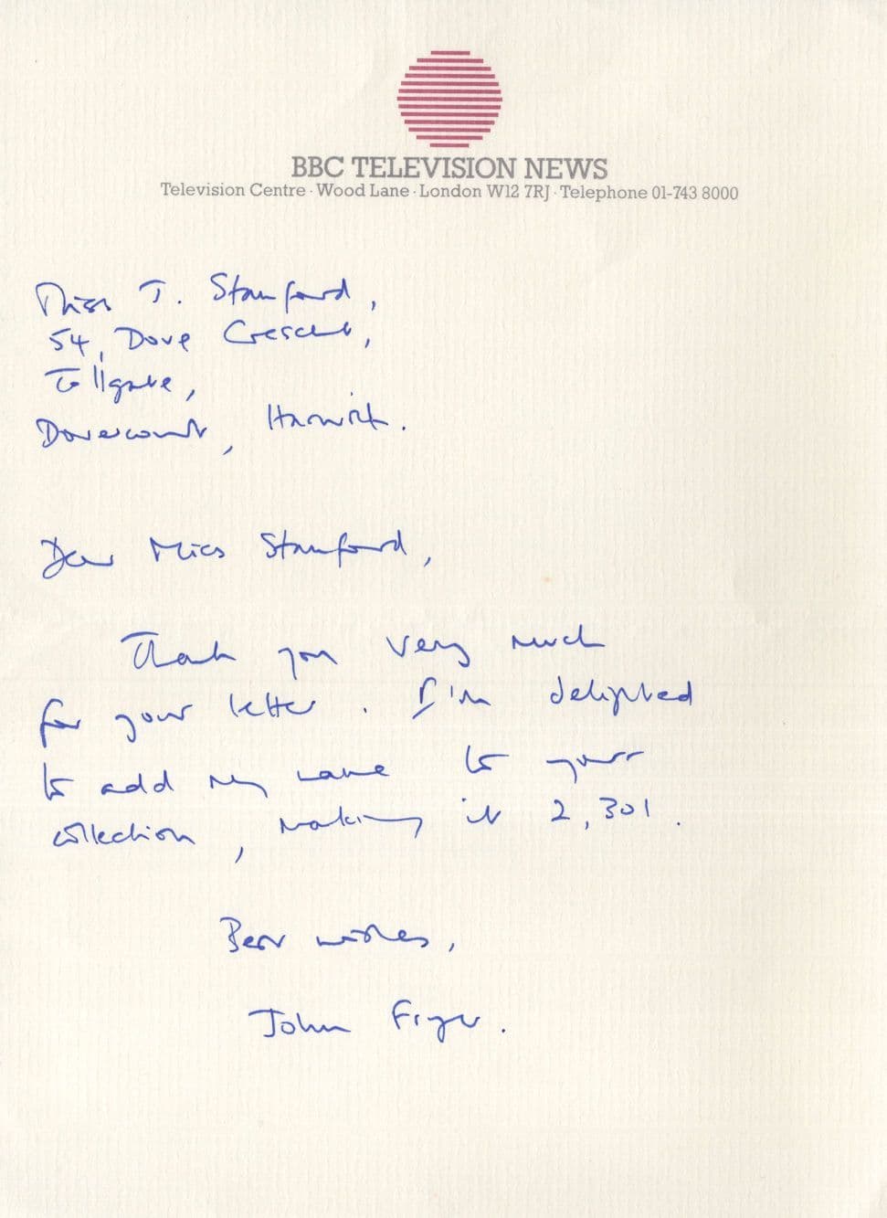BBC News John Fryer Vintage Hand Signed Letter Headed Paper
