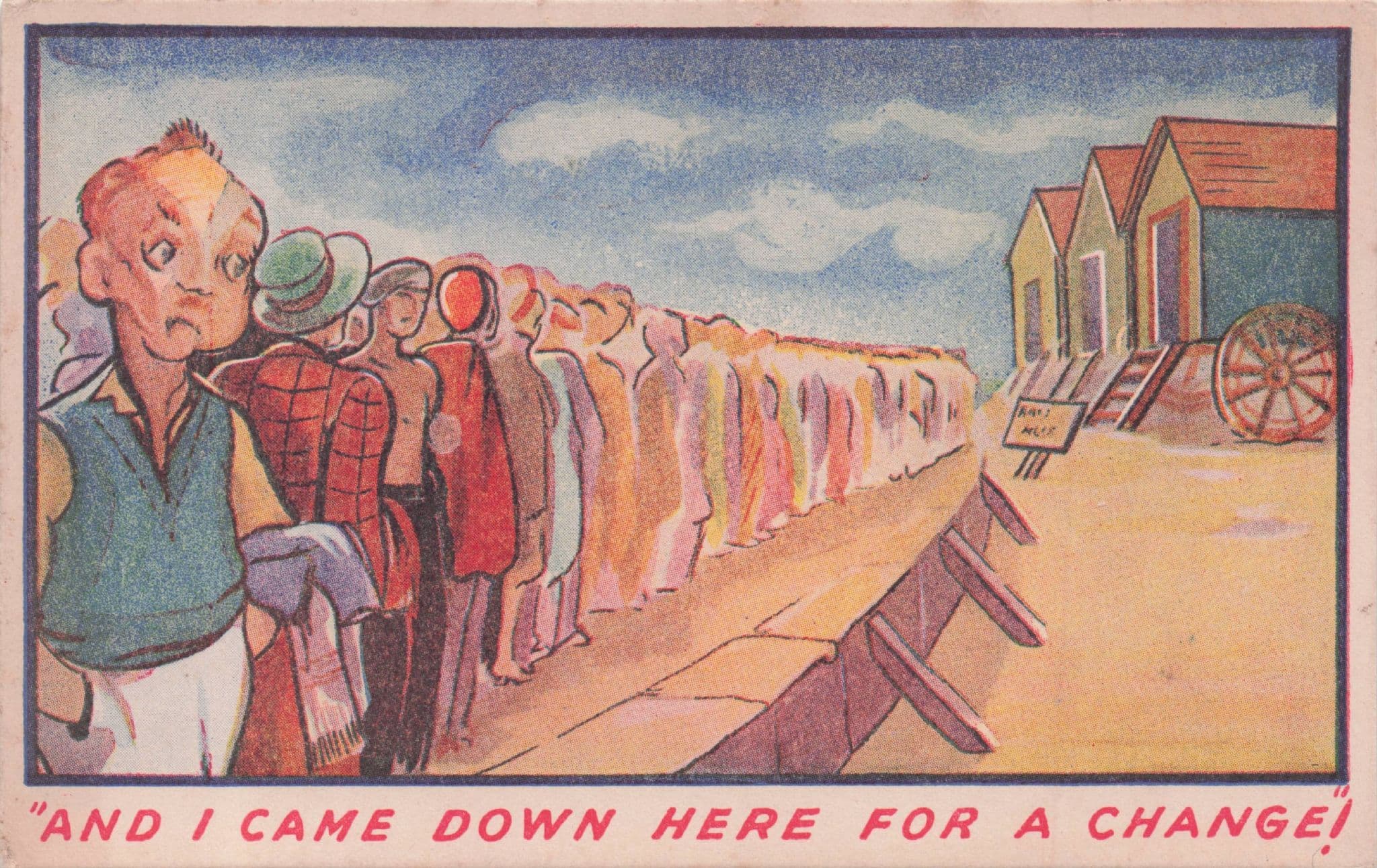 Beach Hut Queue Came Here For A Change RA Series Old Comic Postcard
