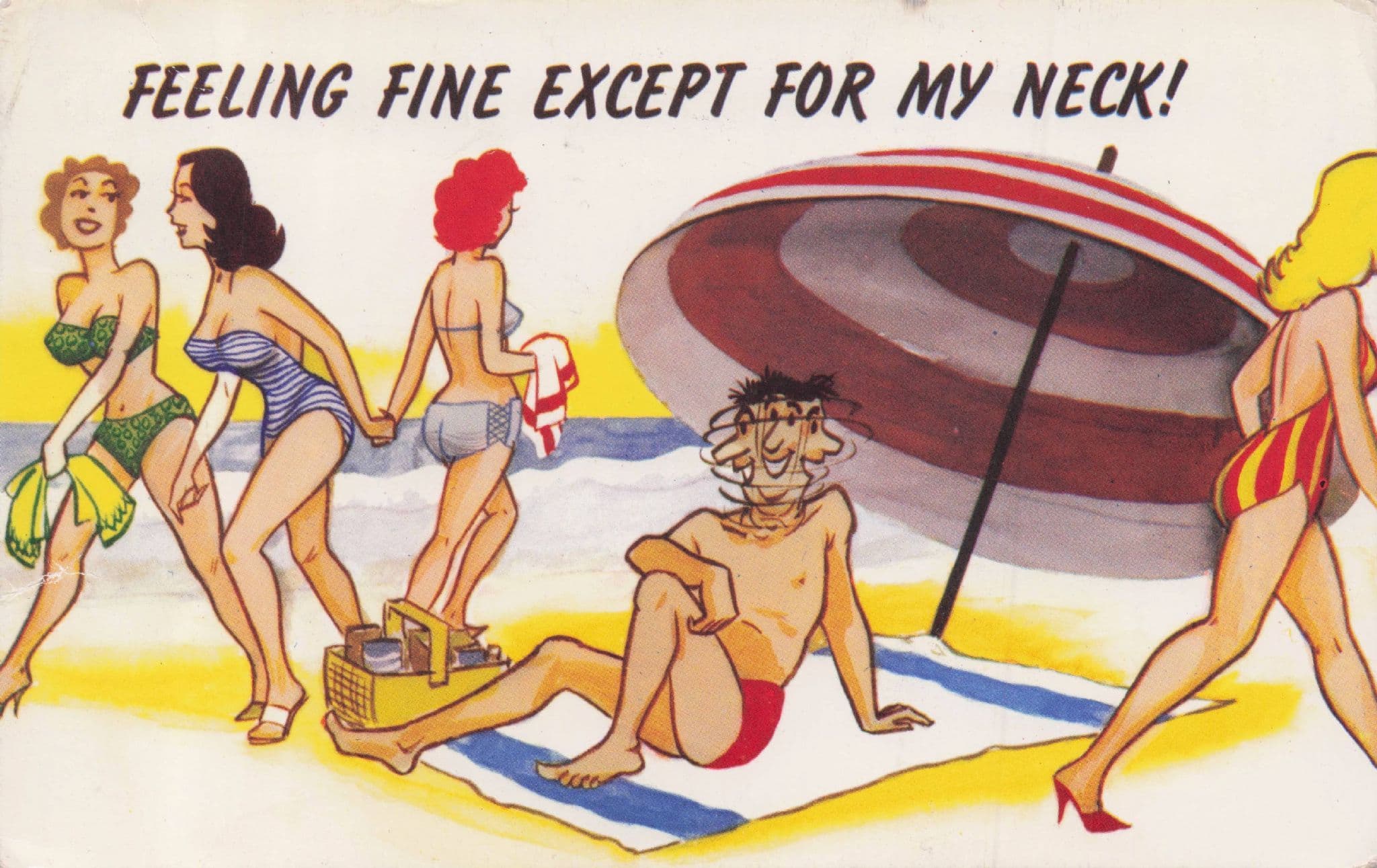 Beach Man With Spinning Topsy Turvy Head 1970s Comic Postcard
