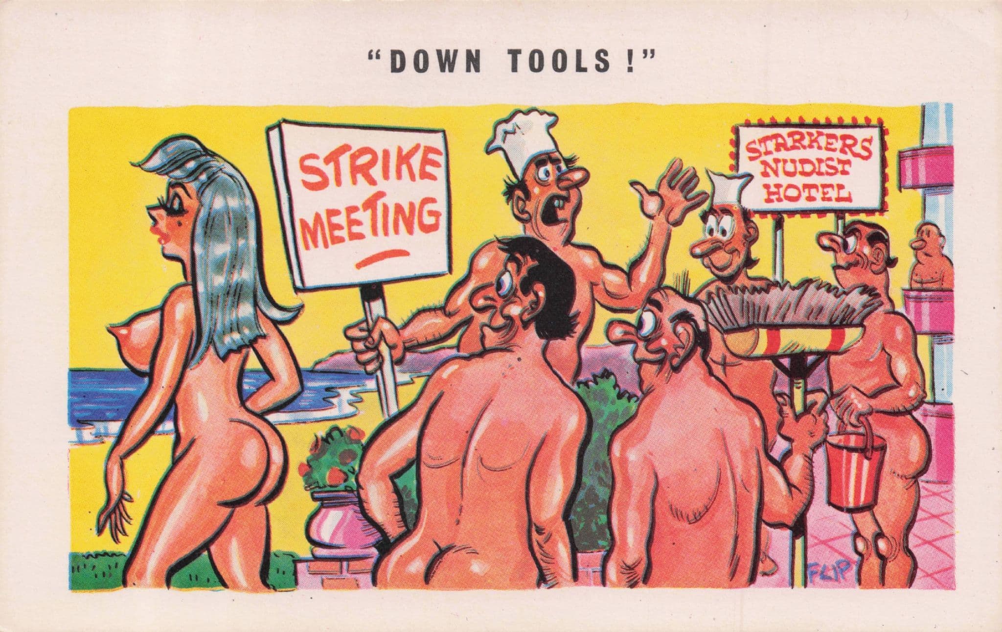 Beach Nudist Hotel Workers Protest Strike Old Comic Postcard
