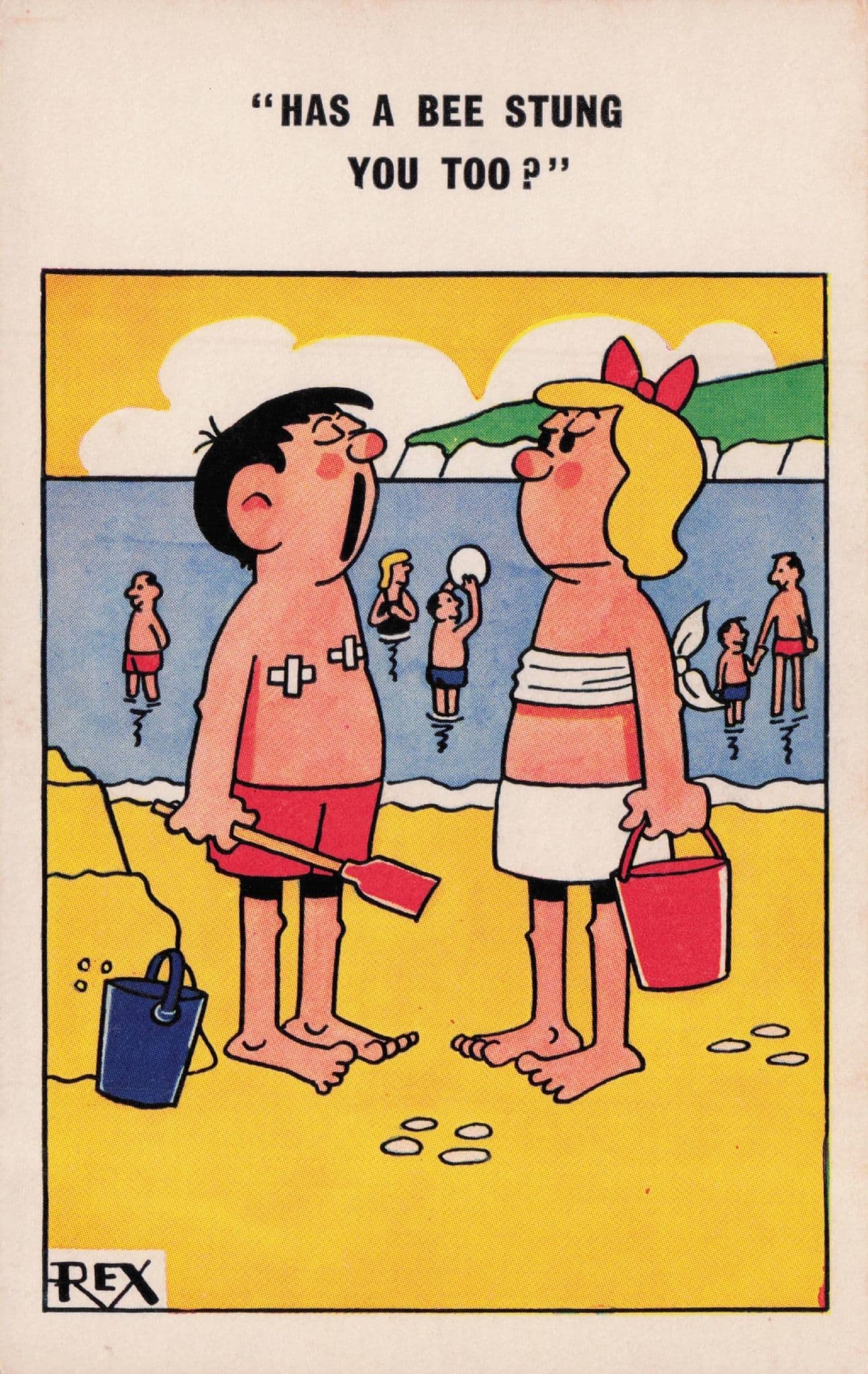 Bee Sting Insect Stung On Beach Missing Mouth Old Comic Postcard