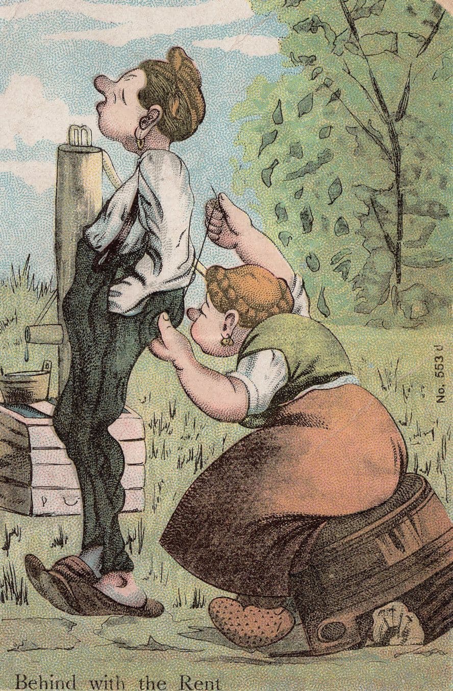 Behind With The Rent Antique Sewing Comic Poverty Humour Postcard