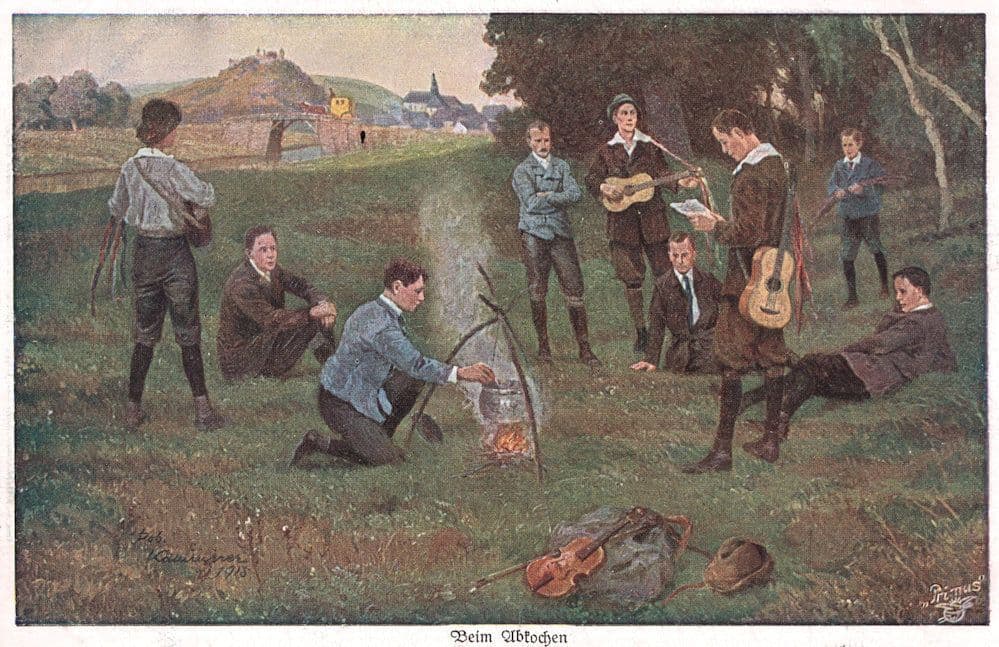 Beim Abfochen German Camping Cooking Antique Painting Postcard