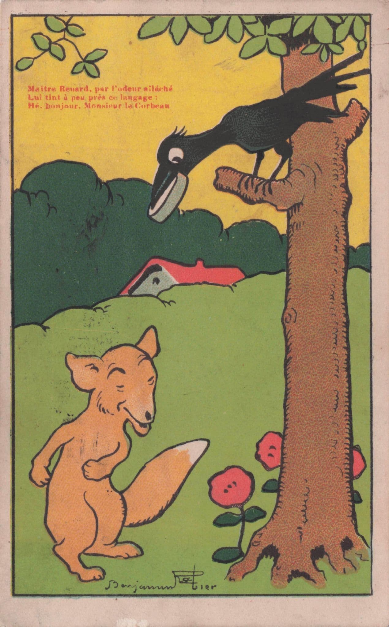 Belgium Dancing Fox Black Bird Old Artist Signed Comic Postcard