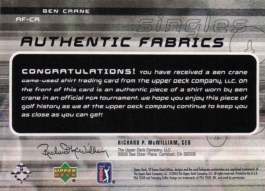 Ben Crane Authentic Fabrics Singles 2003 Golf Upper Deck Worn Shirt Card