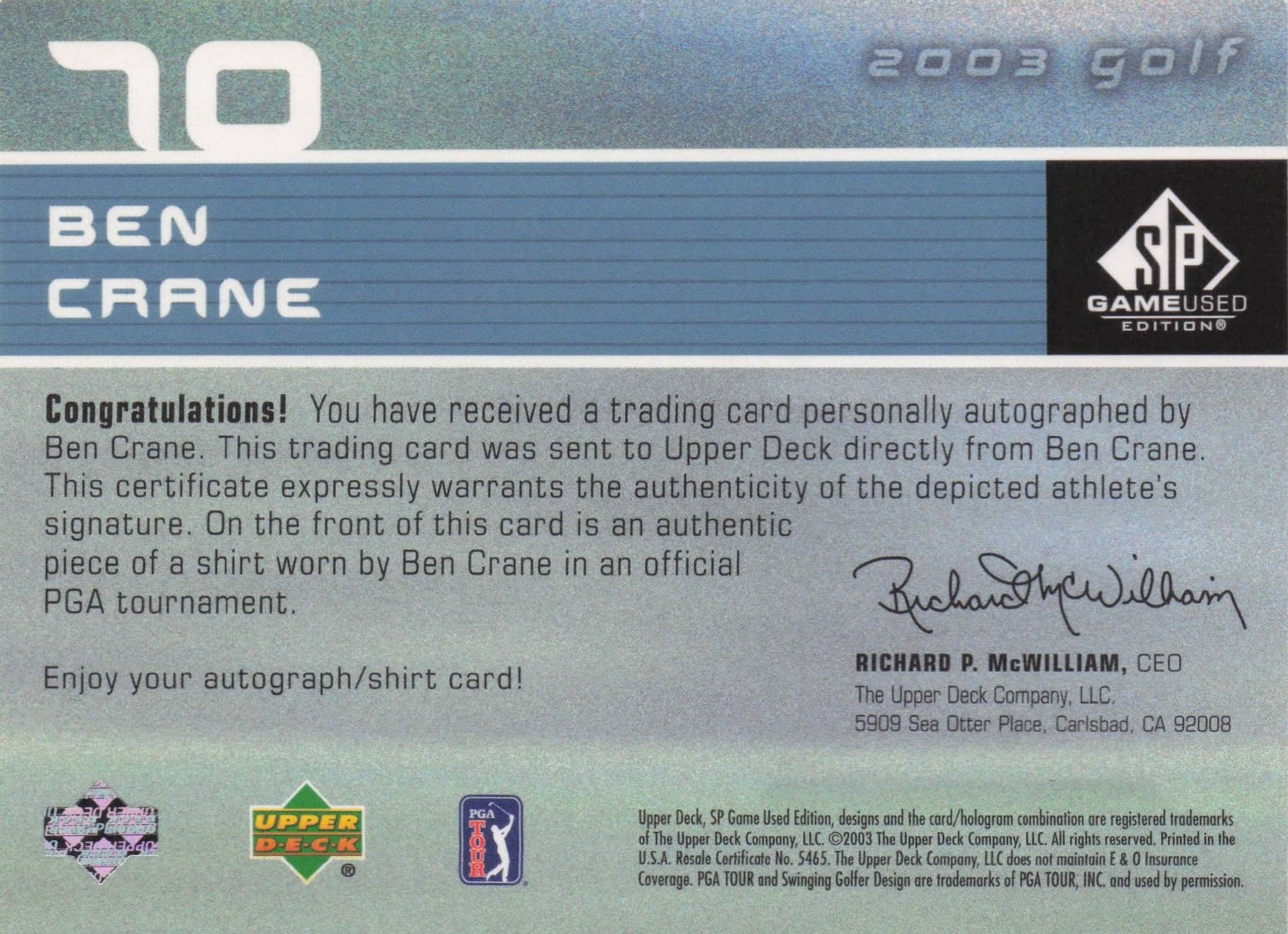 Ben Crane First Tee SP 2003 Golf Hand Signed Worn PGA Shirt Card