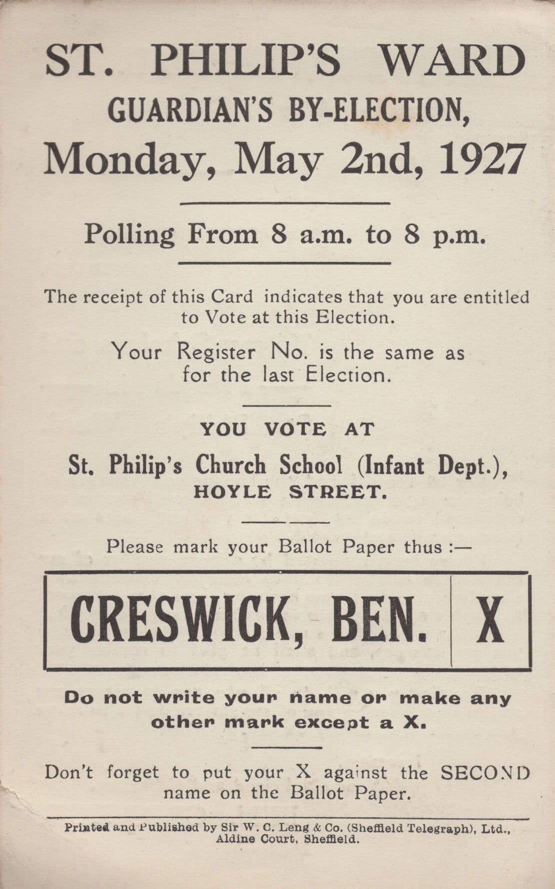 Ben Crewsick Sheffield MP Politician Old 1927 Advertising Card