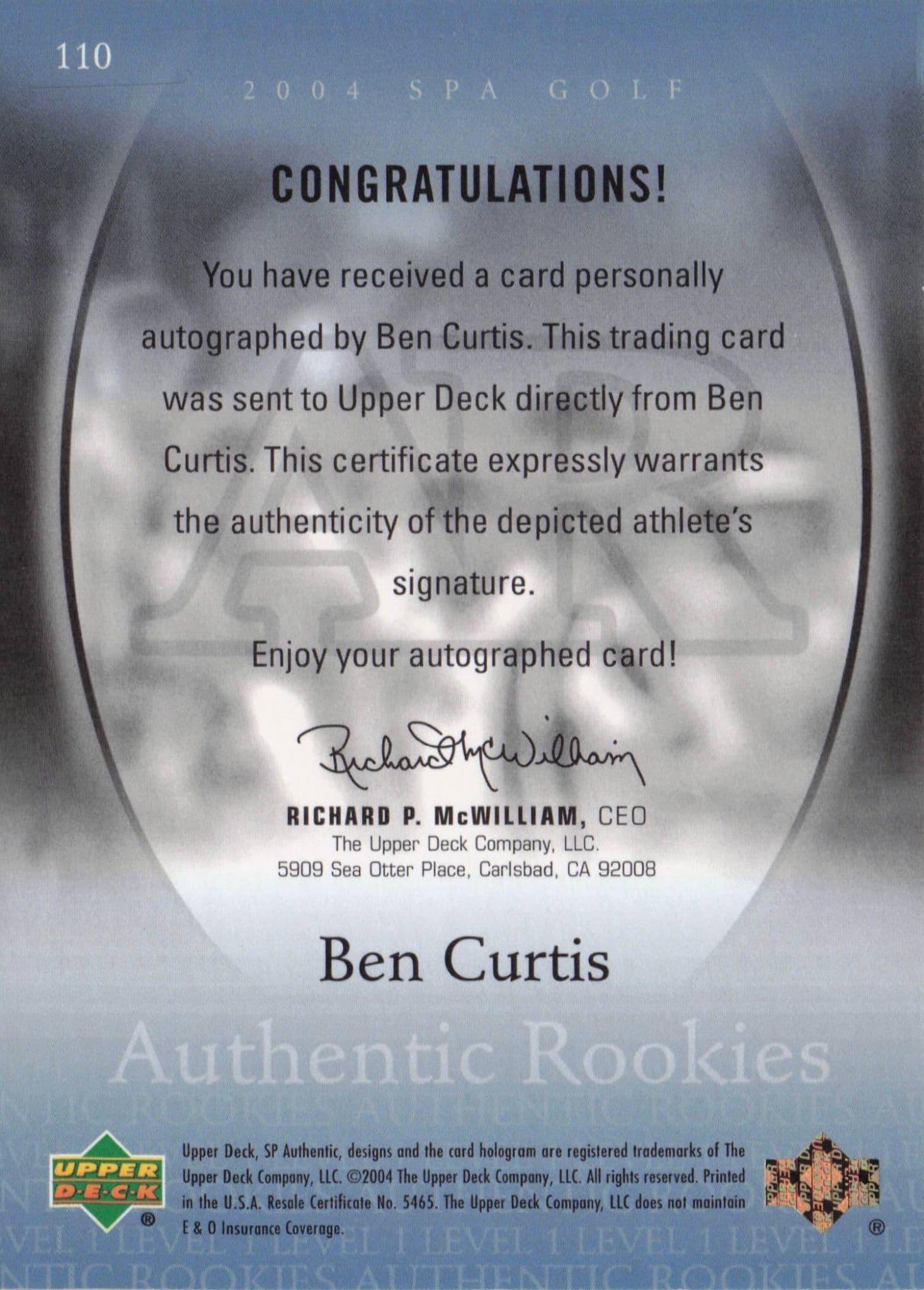 Ben Curtis Authentic Rookies 2004 Golf SP Hand Signed Autograph Card