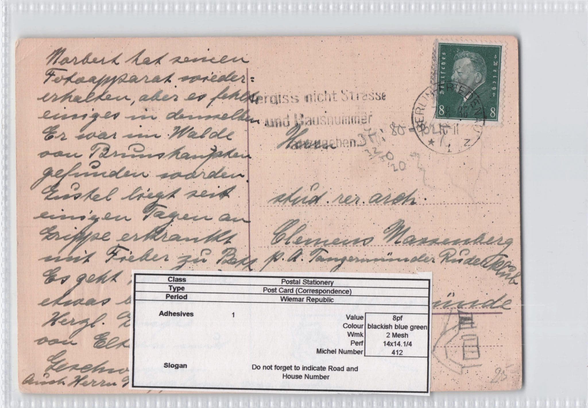 Berlin 1930s Postal History Slogan Dont Forget Road Street Name German Postcard