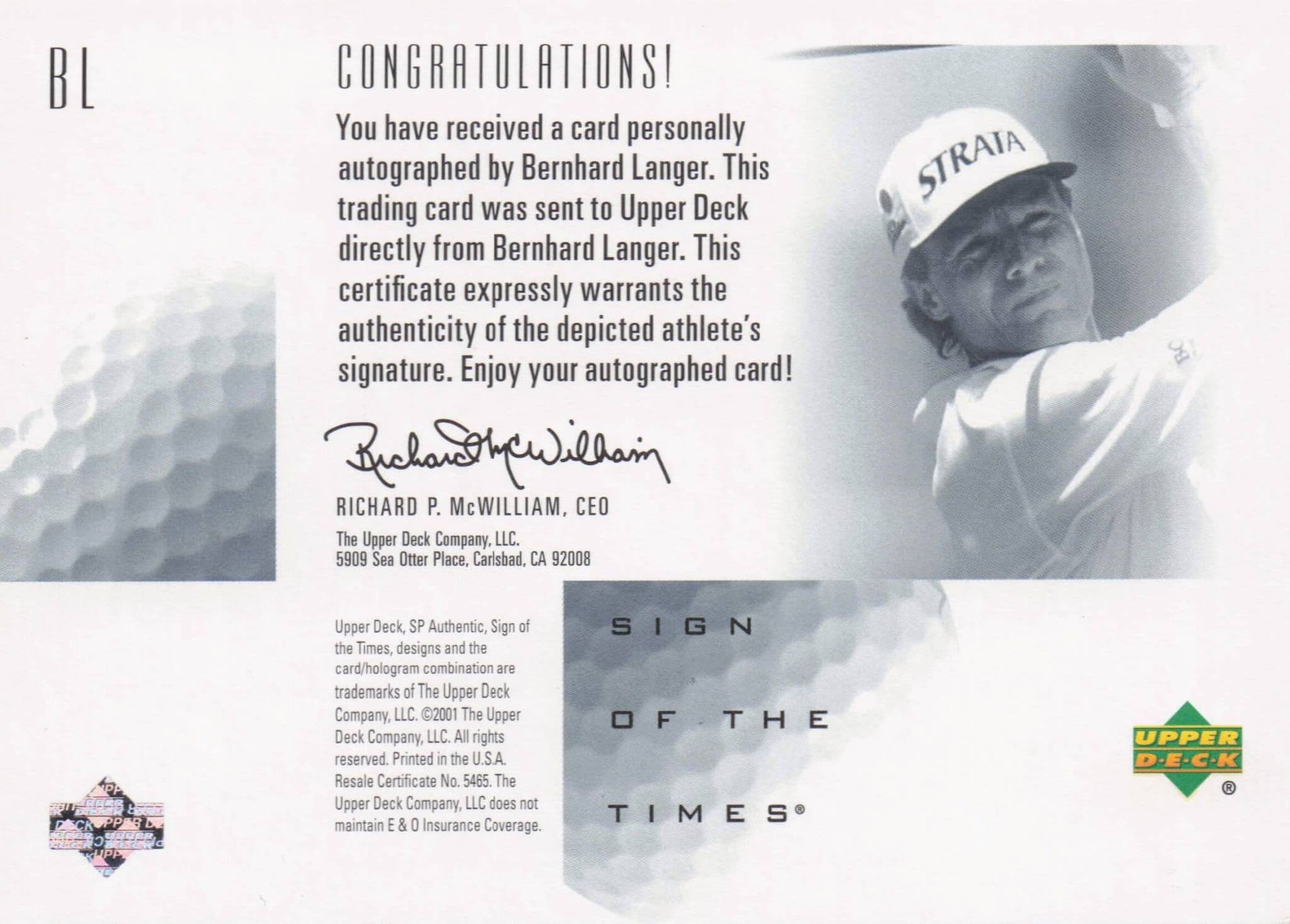 Bernhard Langer Sign Of The Times Hand Signed 2001 SP Golf Autograph Card