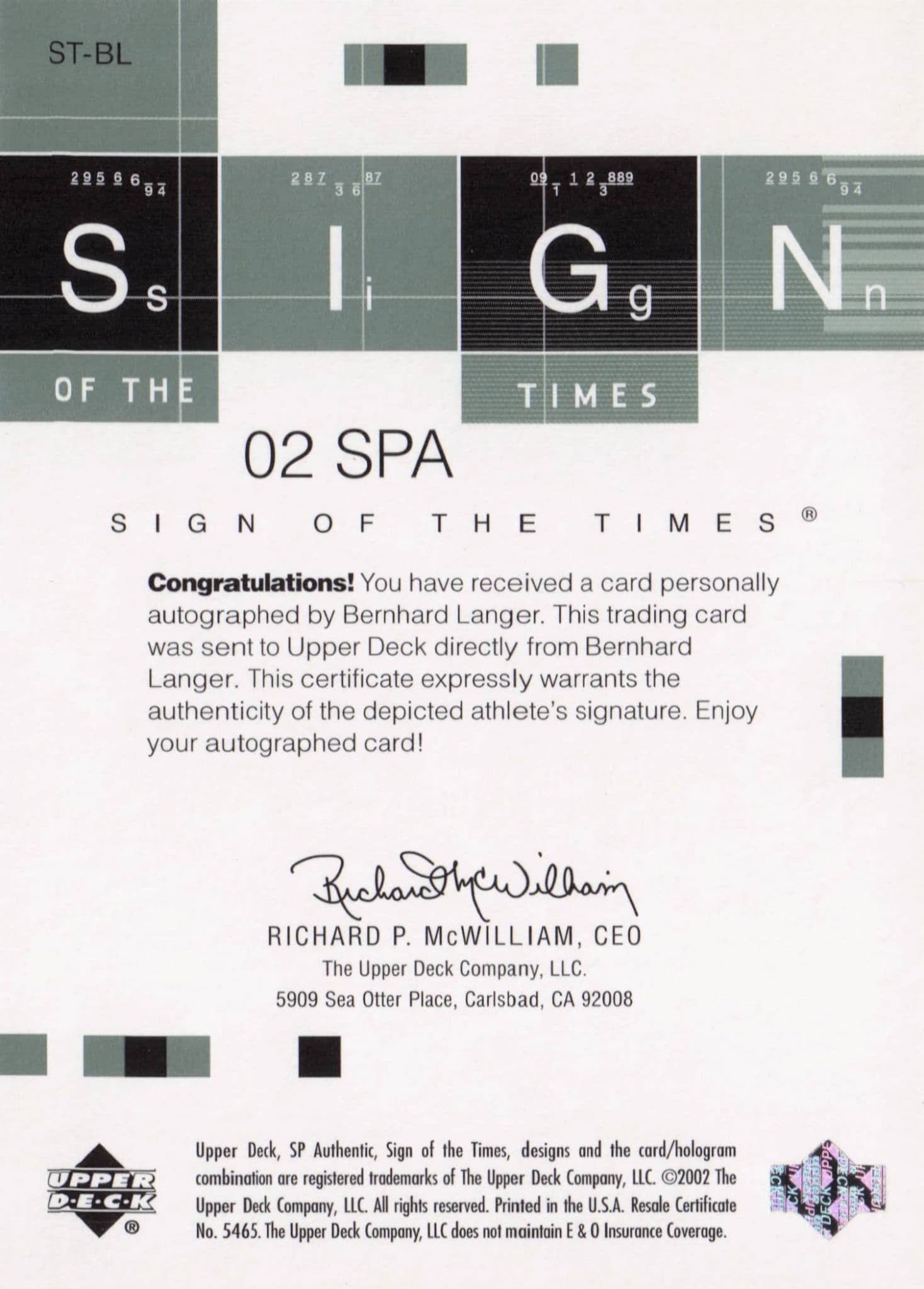 Bernhard Langer Sign Of The Times Hand Signed 2002 SP Golf Autograph Card