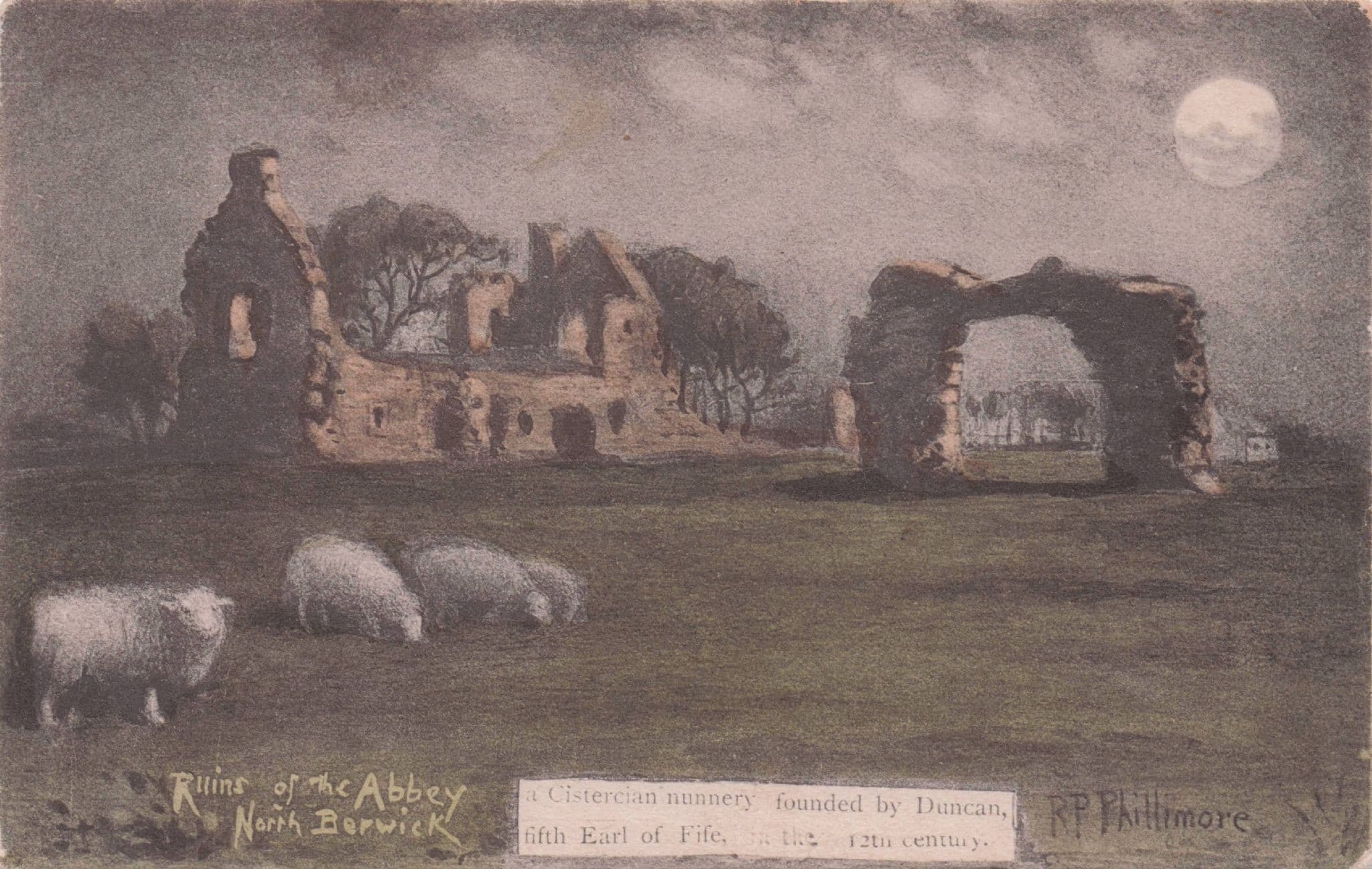 Berwick Abbey Ruins at Moonlight Scottish Nunnery Phillimore Old Postcard