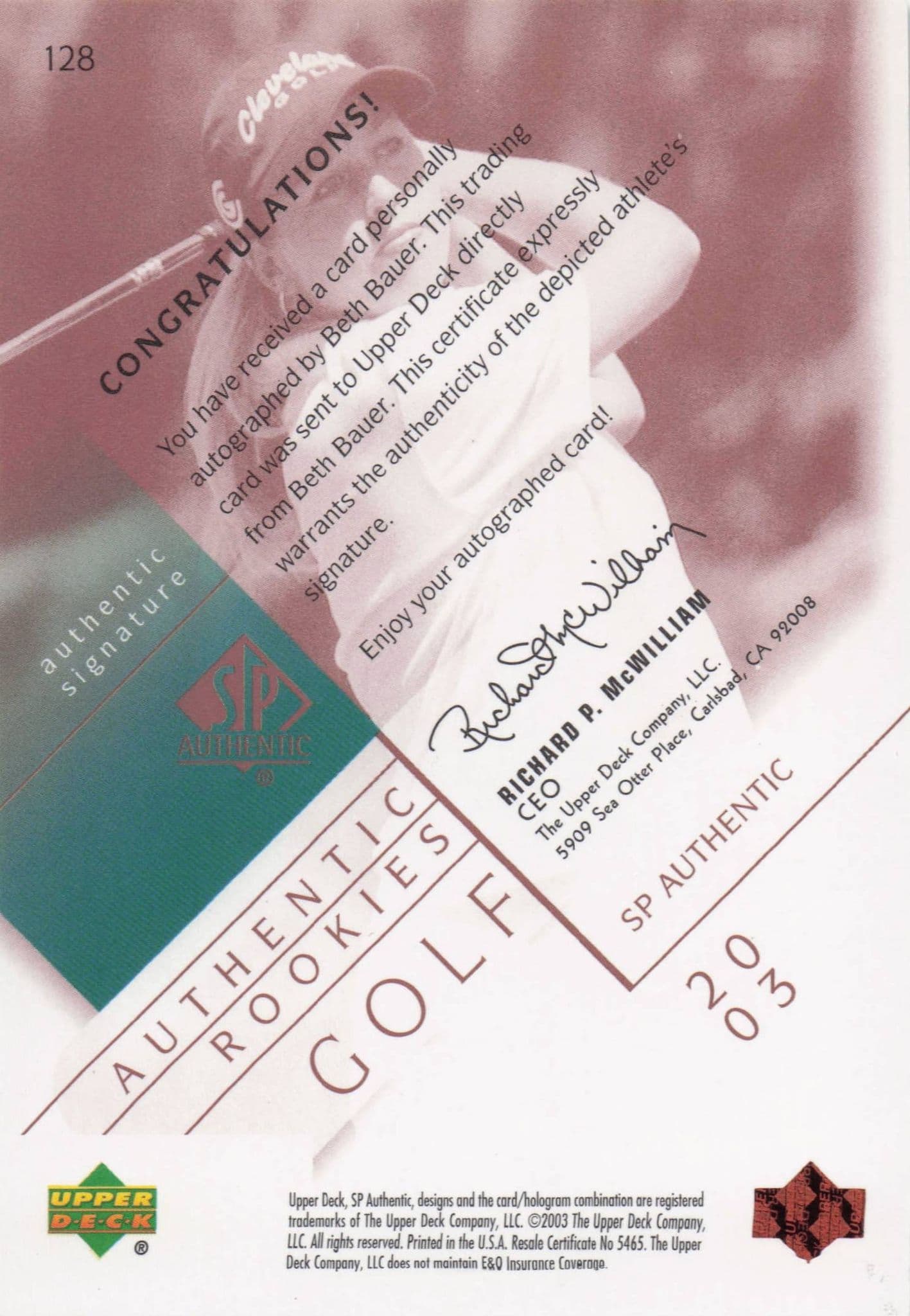 Beth Bauer Authentic Rookies 2003 Golf SP Hand Signed Autograph Card