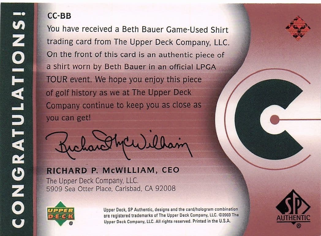 Beth Bauer Course Classics 2003 Authentic Worn PGA Tour Golf Shirt Card