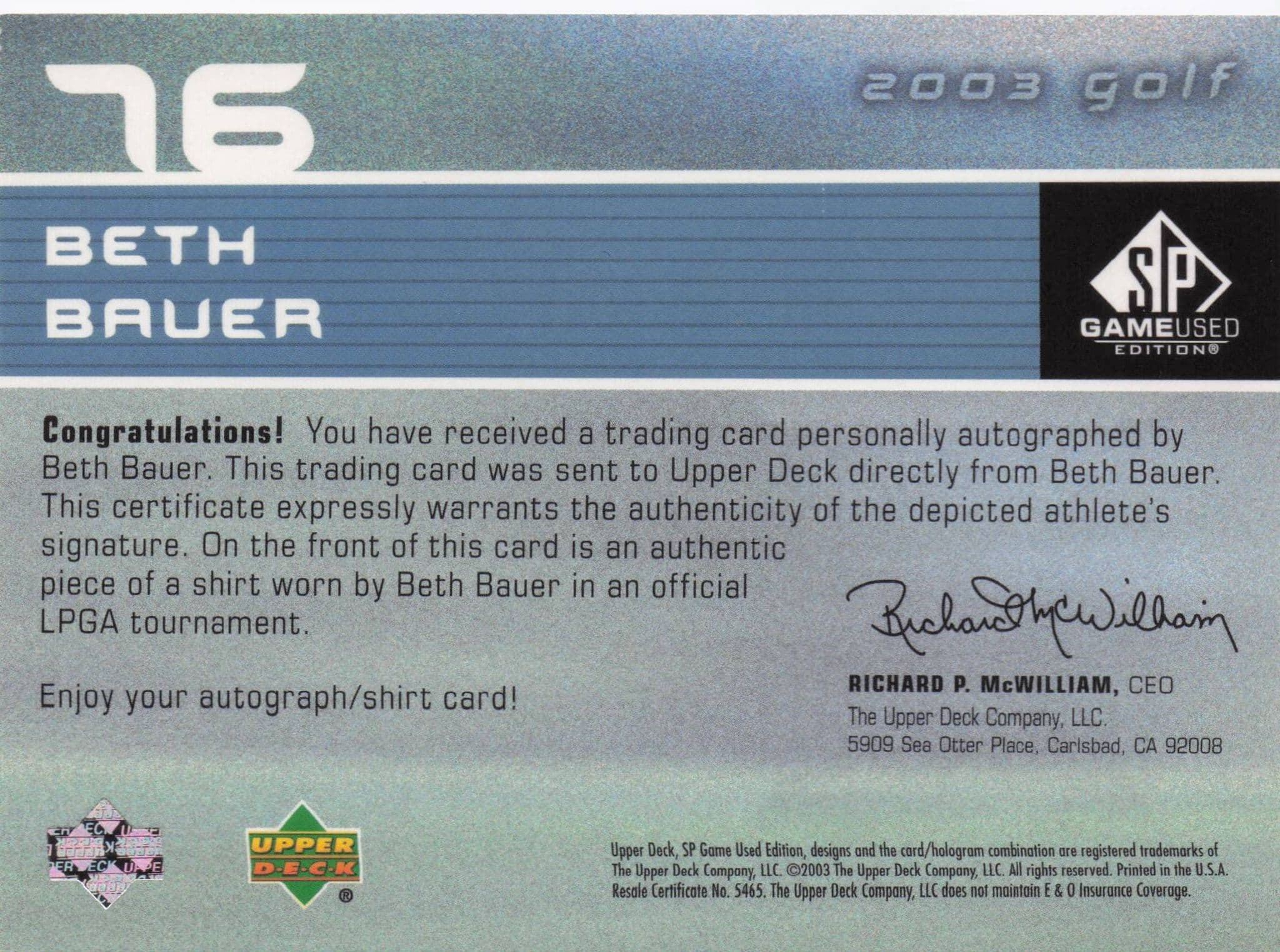 Beth Bauer First Tee SP 2003 Golf Hand Signed Worn PGA Shirt Card