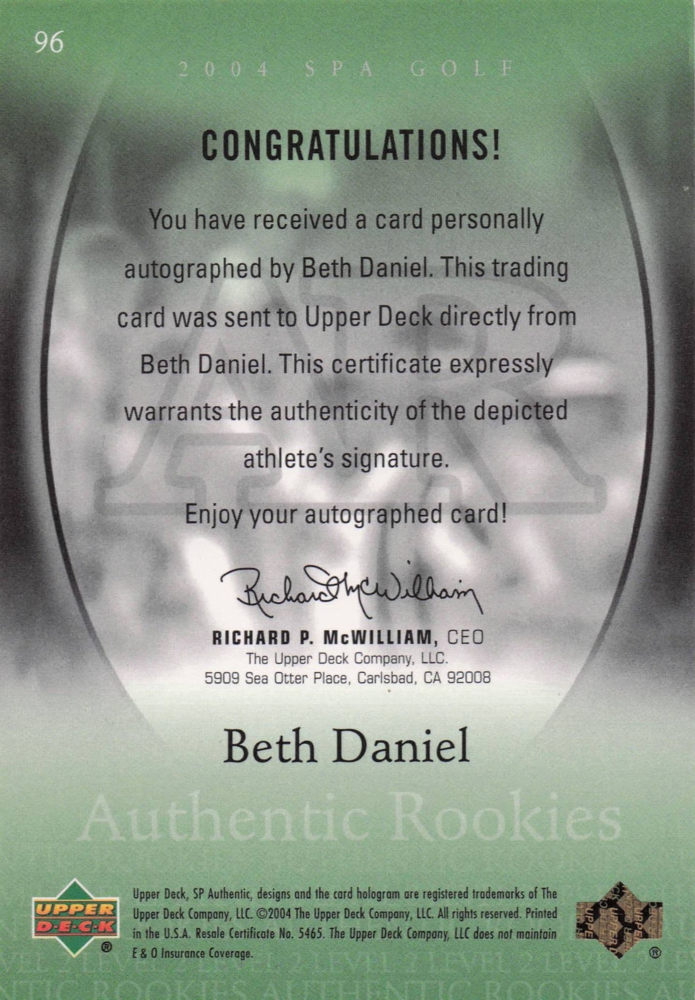 Beth Daniel Authentic Rookies 2004 Golf SP Hand Signed Autograph Card