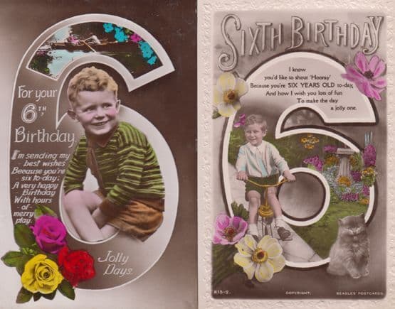 Bicycle Rowing Boat Childrens Antique Happy 6th Sixth Birthday RPC 2x Postcard