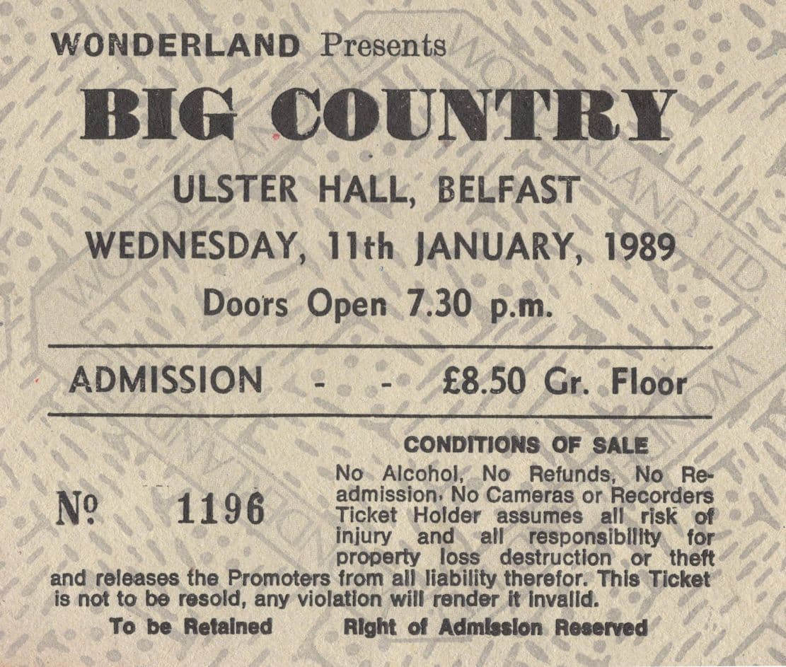 Big Country Ulster Hall Belfast Irish 1989 Concert Ticket
