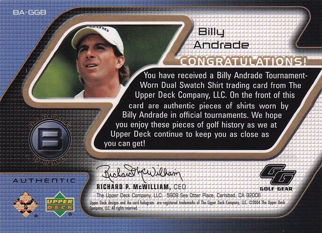 Billy Andrade Golf Gear 2004 Authentic Dual Real Shirt Swatch Upper Deck Card