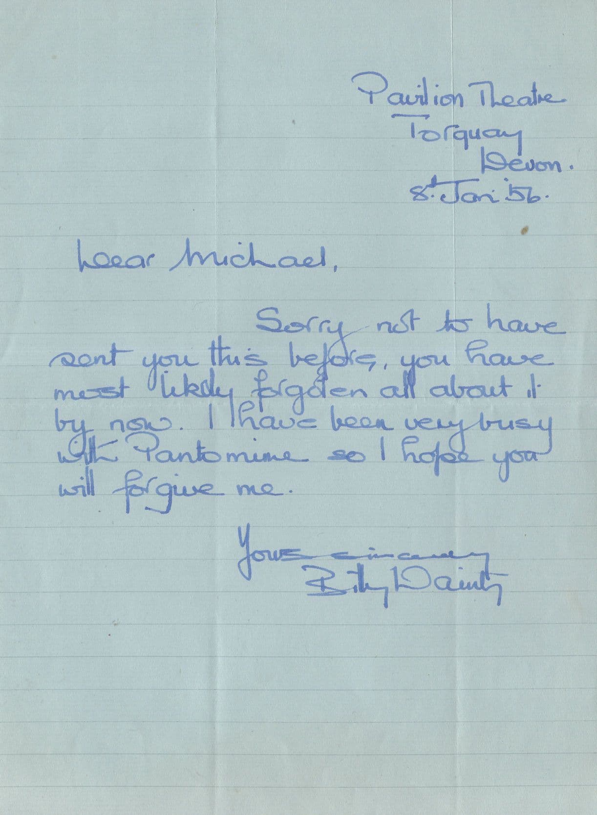 Billy Dainty Comedian 1956 Torquay Hand Signed Letter