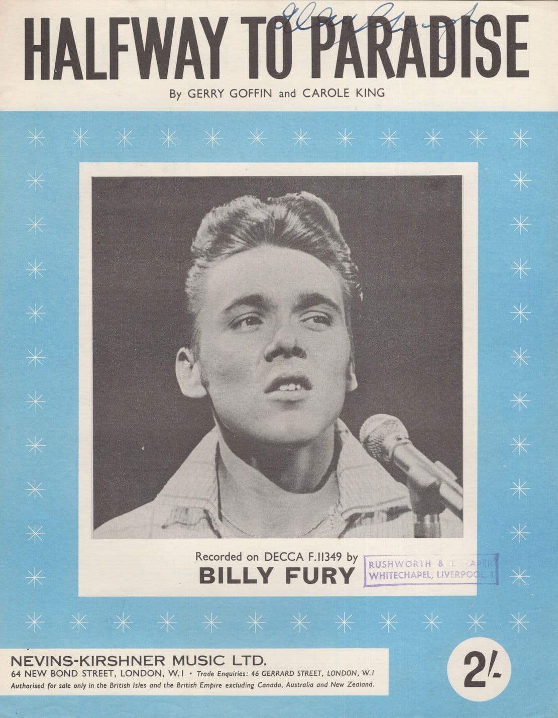 Billy Fury Halfway To Paradise Vintage Rare Sheet Music