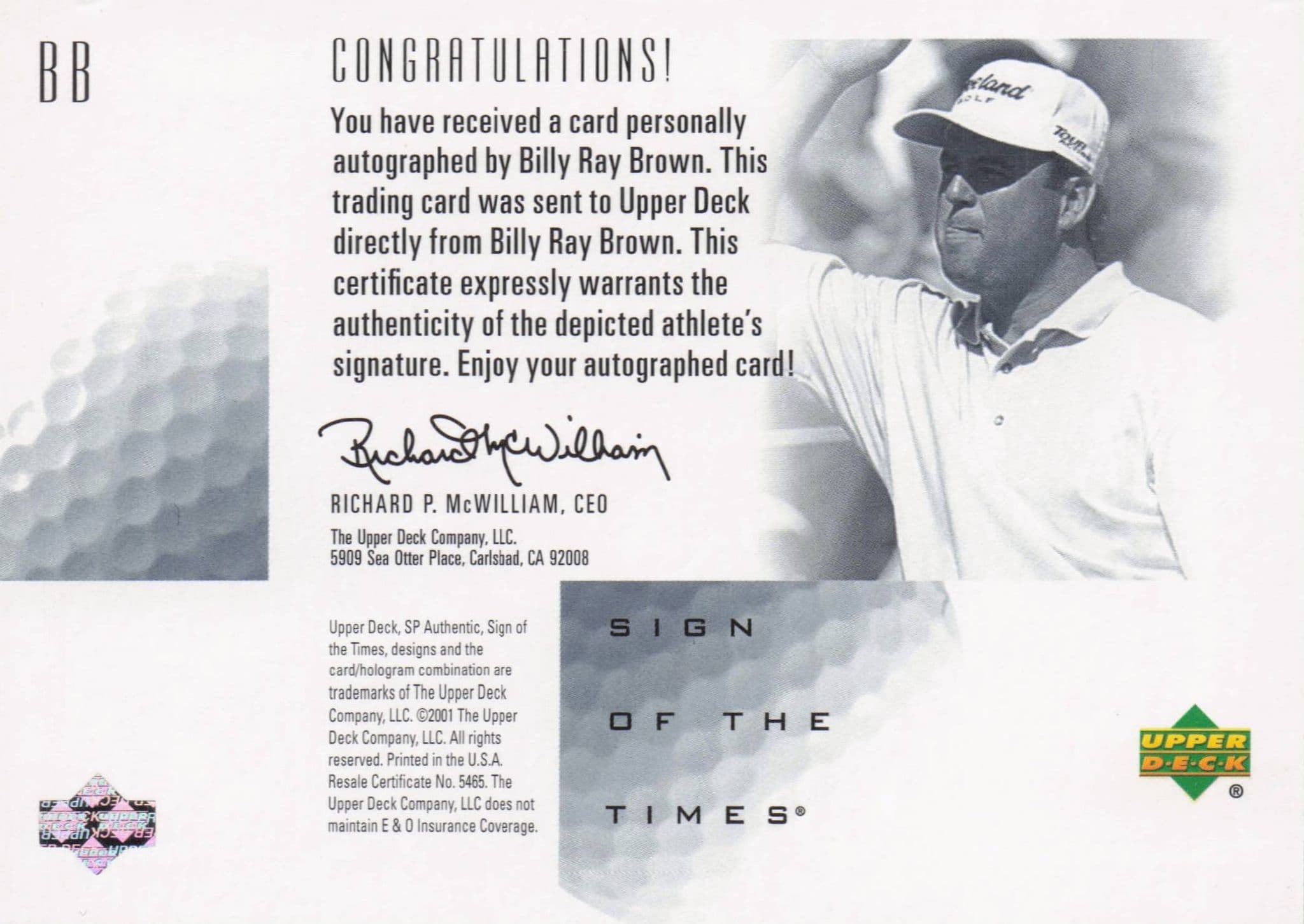 Billy Ray Brown Sign Of The Times Hand Signed 2001 SP Golf Autograph Card