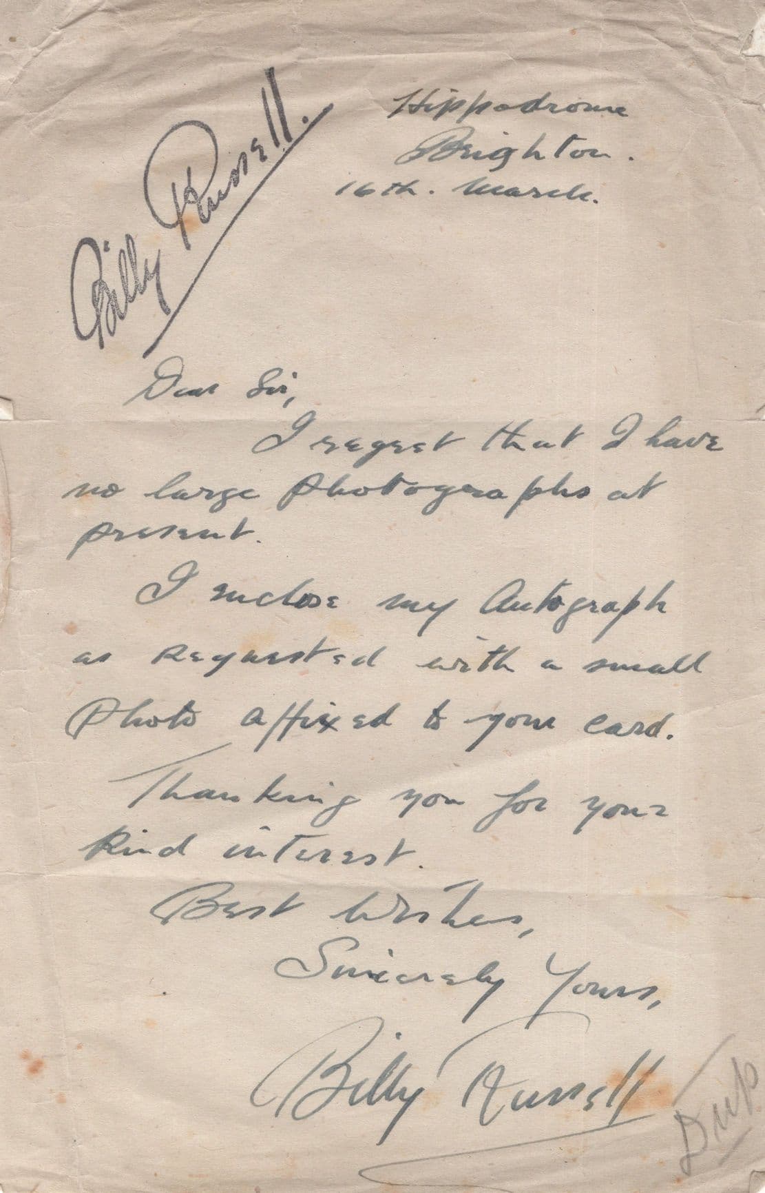Billy Russell WW2 Comedian Hitler Film Brighton Hippodrome Hand Signed Letter